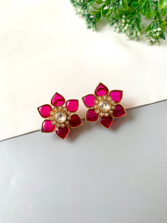 Jesira Ruby Studs in 22kt Gold Plating with American Diamonds & Polki Kundan by Zamal Jewels