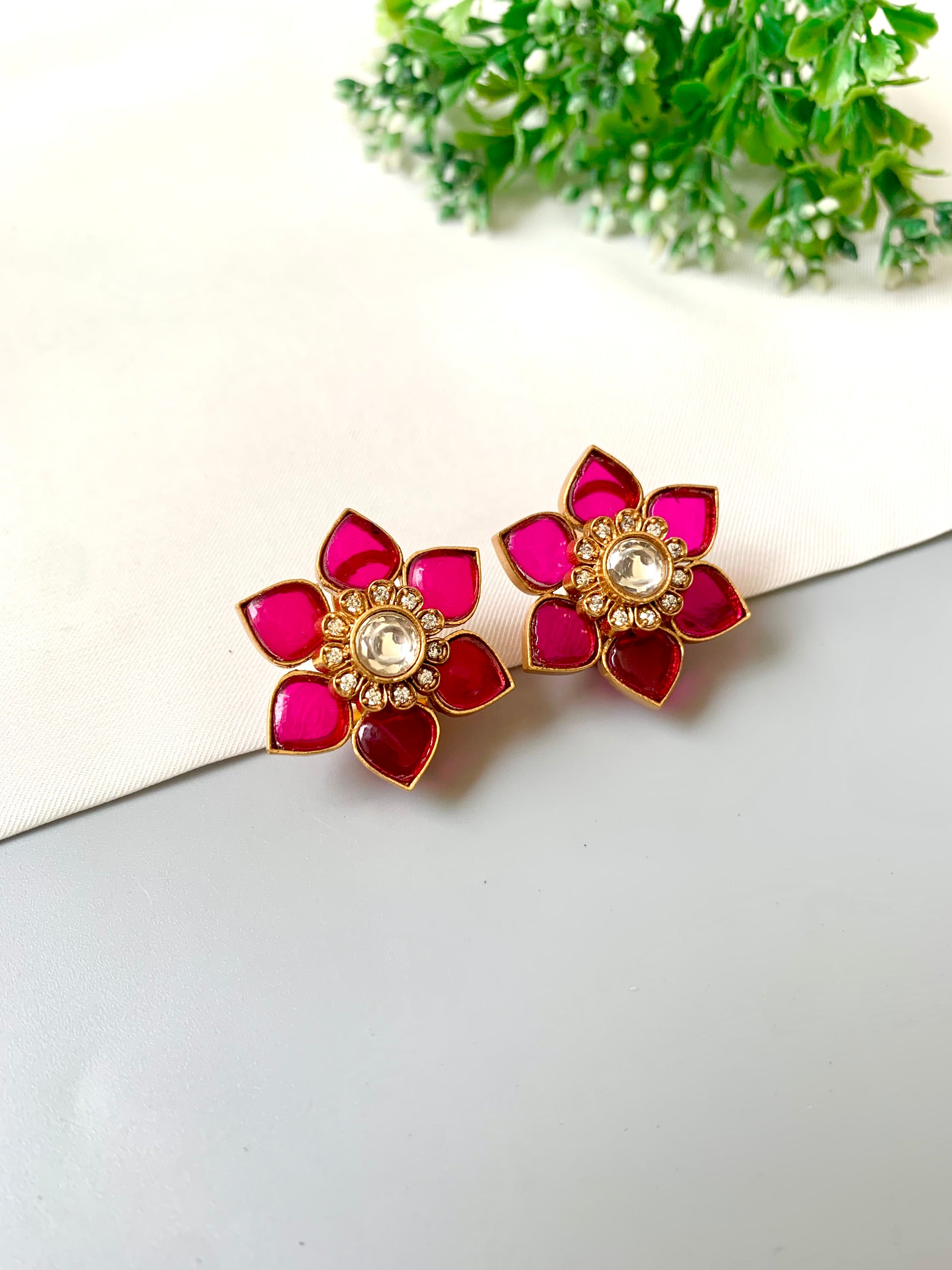 Jesira Ruby Studs in 22kt Gold Plating with American Diamonds & Polki Kundan by Zamal Jewels