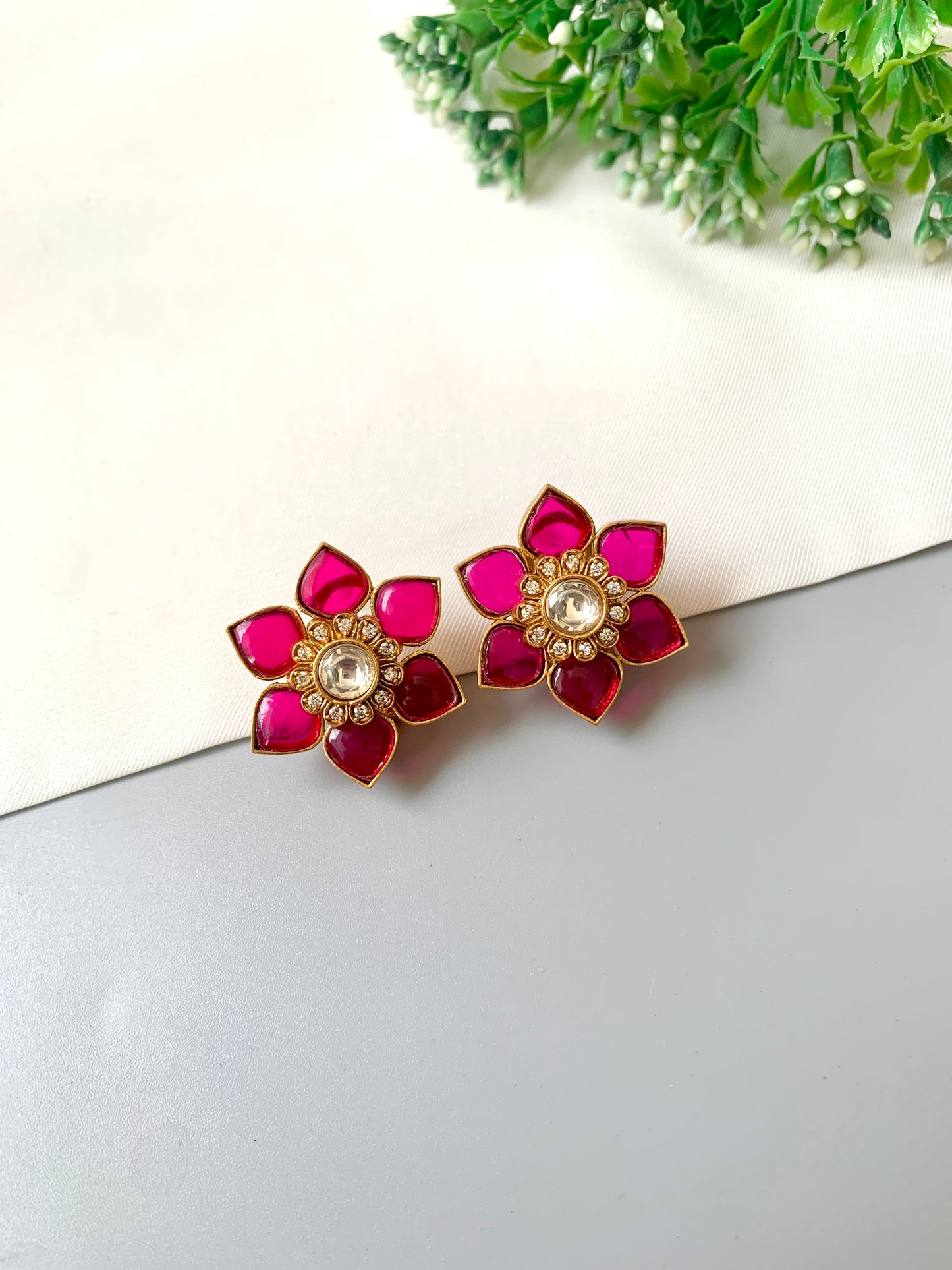 Jesira Ruby Studs in 22kt Gold Plating with American Diamonds & Polki Kundan by Zamal Jewels