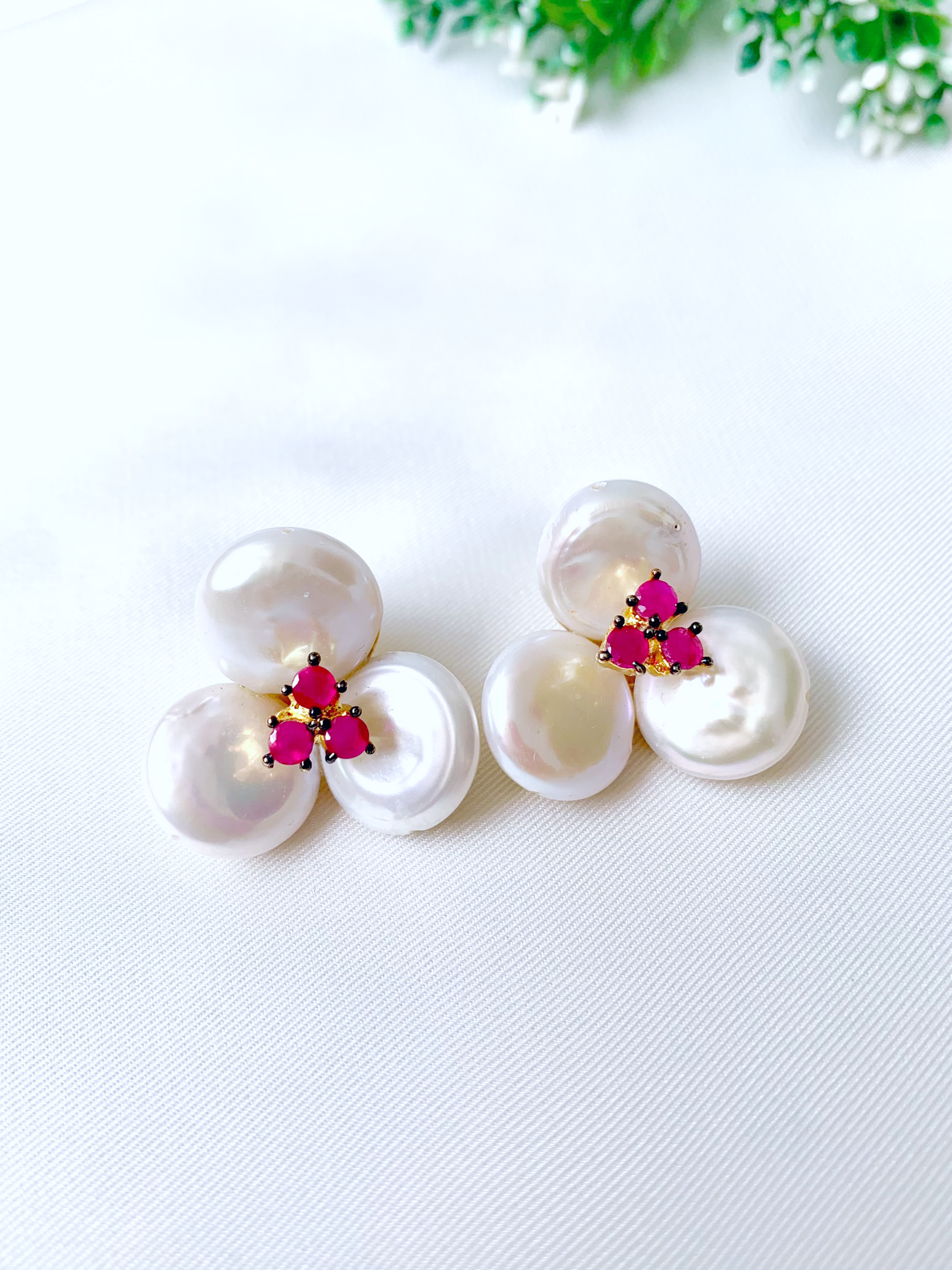 Julus handcrafted 22kt gold plated studs featuring genuine Baroque Pearls and semi-precious Ruby