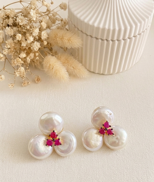 Julus handcrafted 22kt gold plated studs featuring genuine Baroque Pearls and semi-precious Ruby