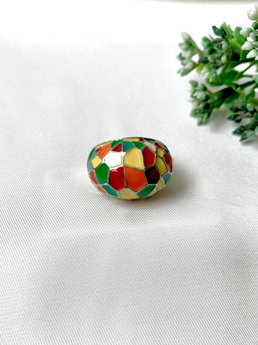 Handcrafted ring with multicolor hand-painted Meena work and rhodium platinum polish by Zamal Jewels