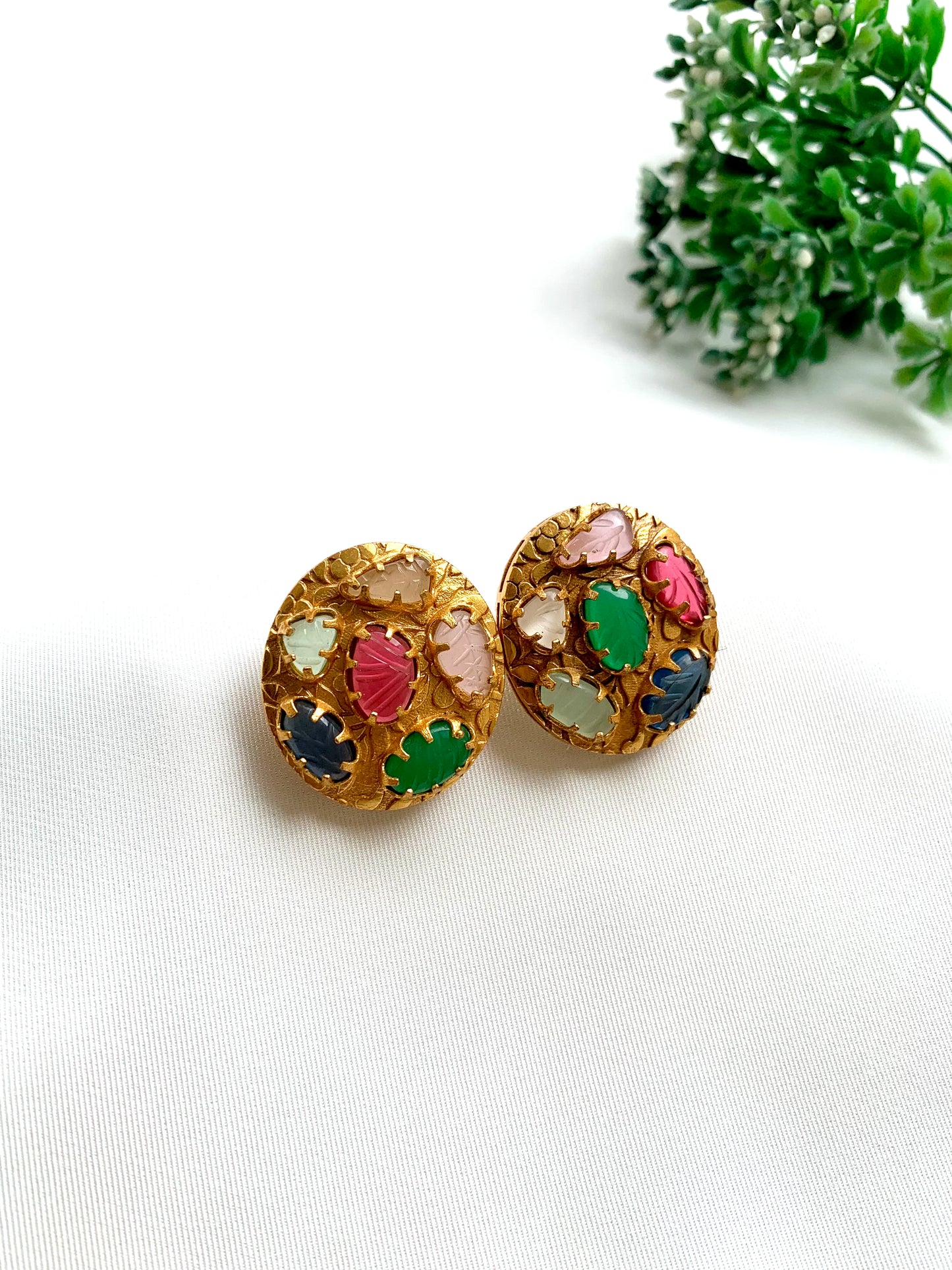 Karie handcrafted 22kt Victorian gold plated studs with hand-carved real Mother of Pearl, Ruby, Sapphire, Emerald and Onyx