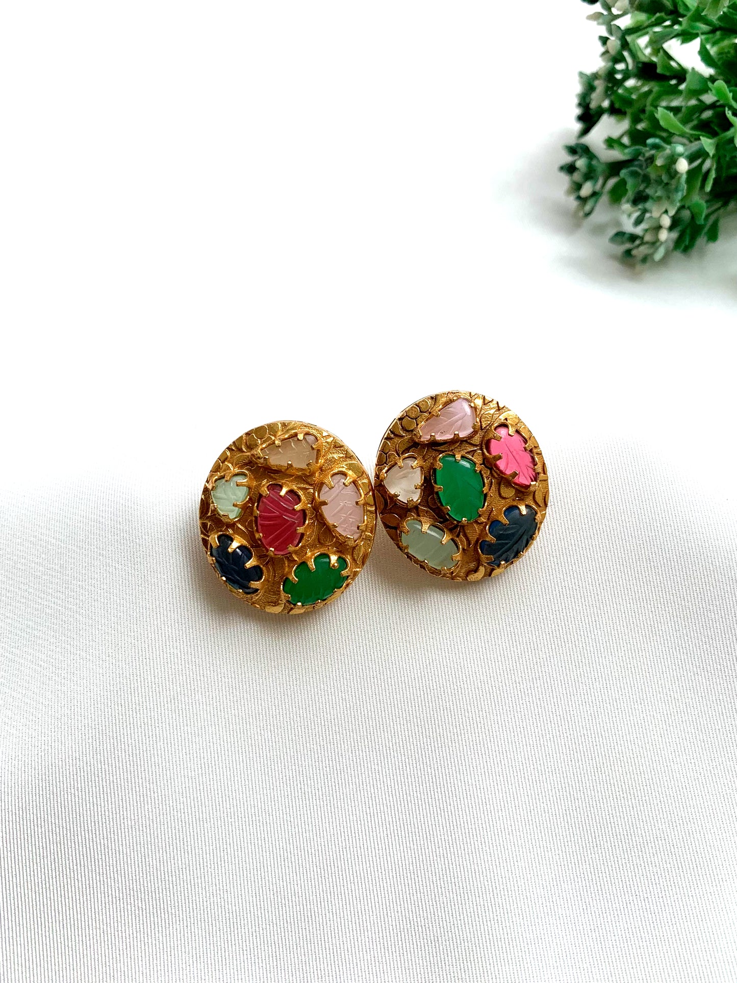 Karie handcrafted 22kt Victorian gold plated studs with hand-carved real Mother of Pearl, Ruby, Sapphire, Emerald and Onyx