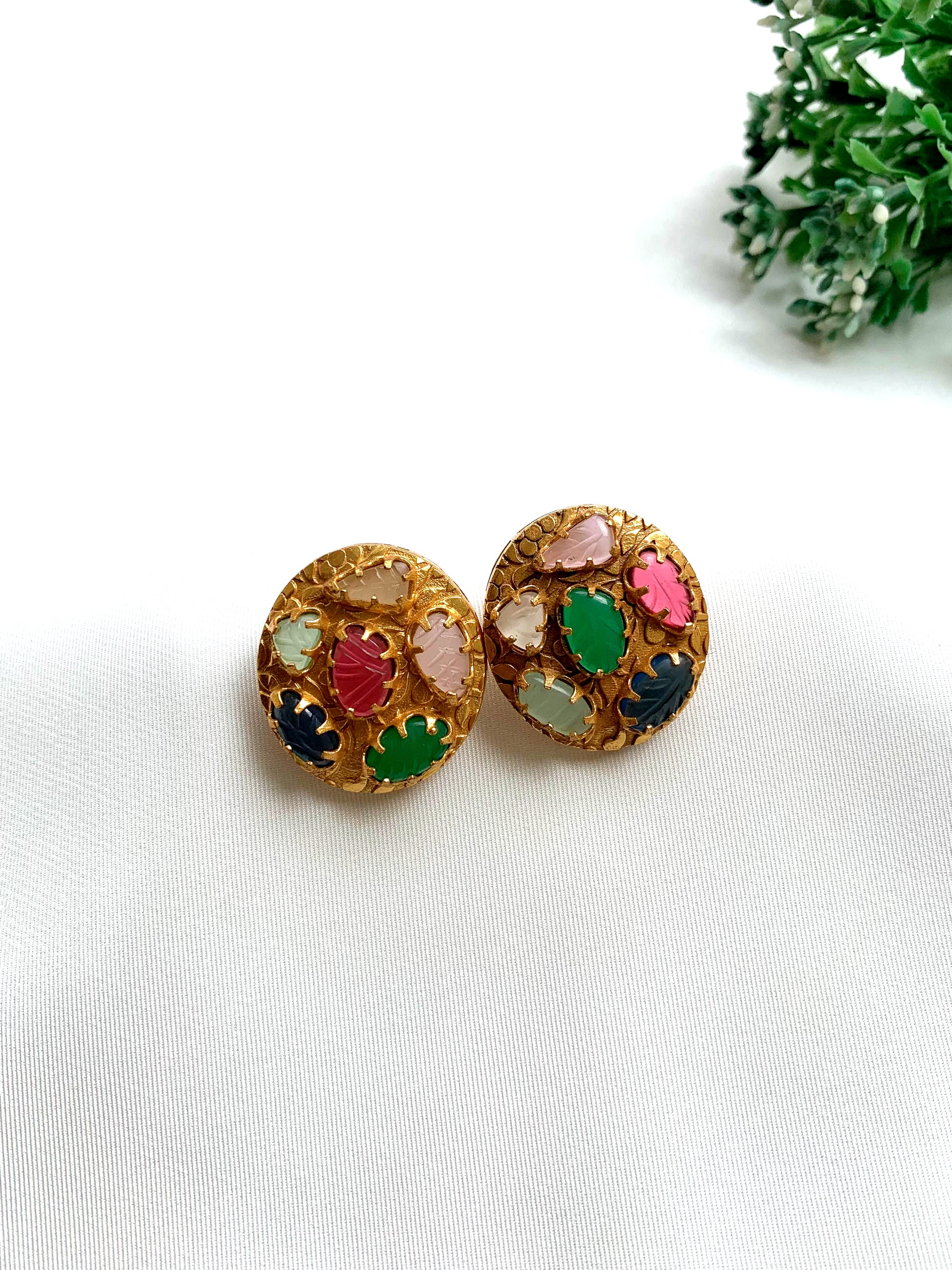 Karie handcrafted 22kt Victorian gold plated studs with hand-carved real Mother of Pearl, Ruby, Sapphire, Emerald and Onyx