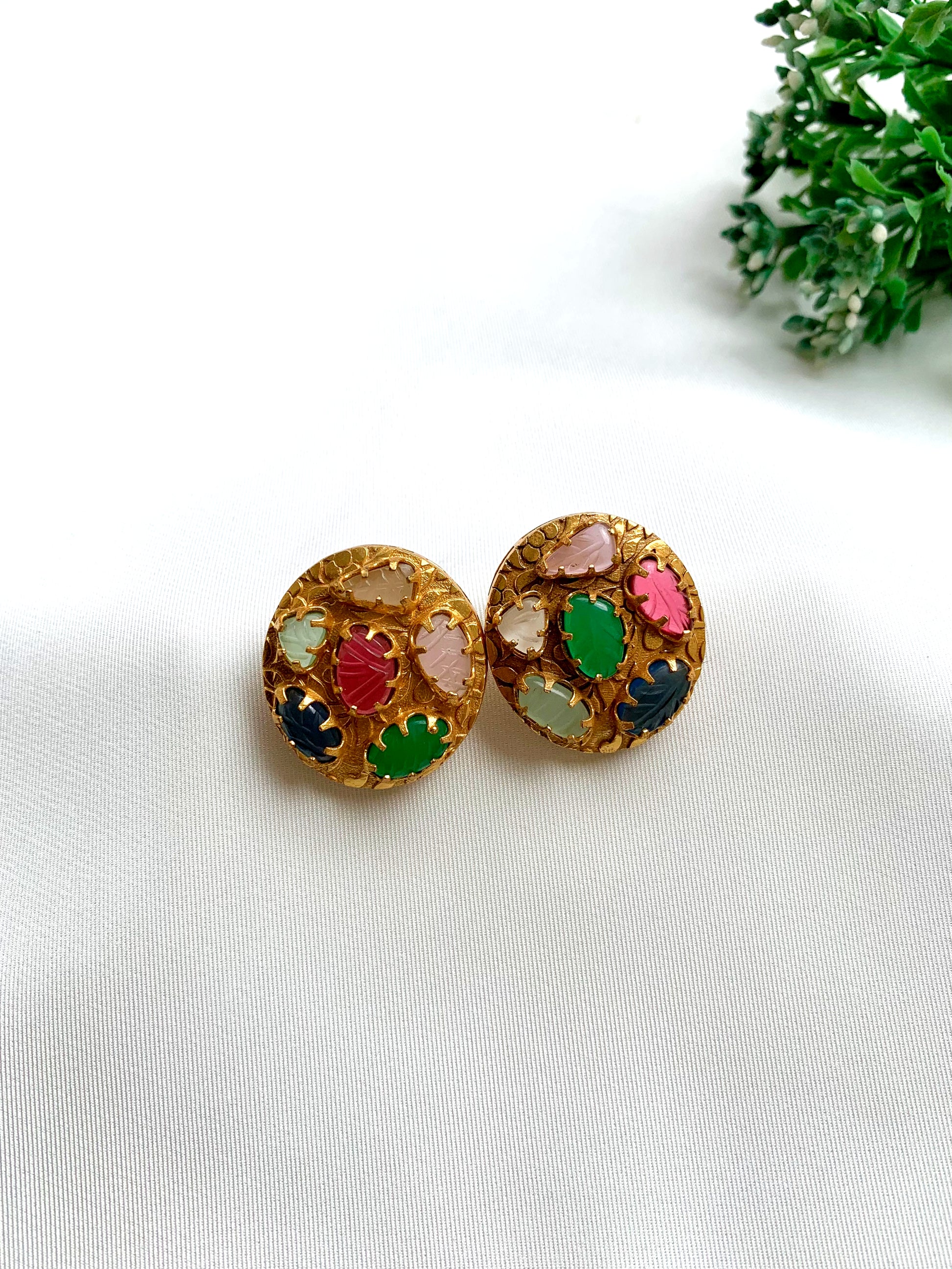 Karie handcrafted 22kt Victorian gold plated studs with hand-carved real Mother of Pearl, Ruby, Sapphire, Emerald and Onyx
