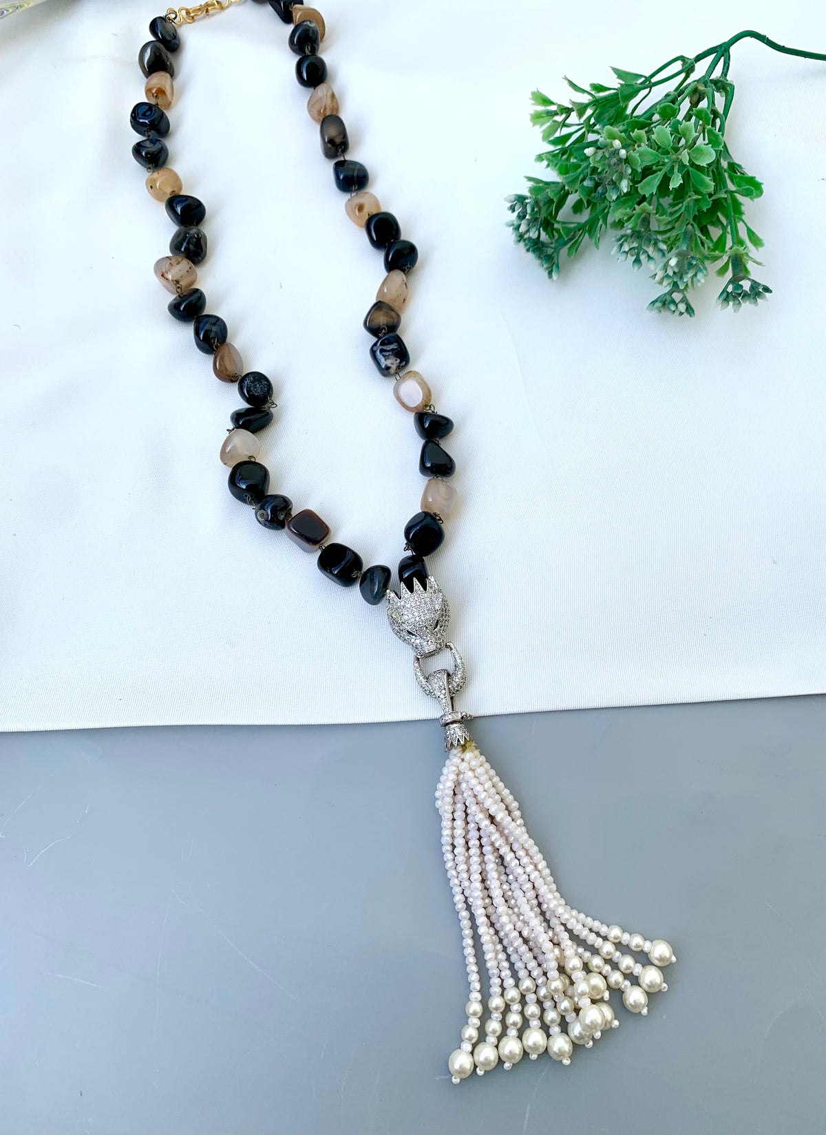 Katiya handcrafted Rhodium plated Maala with American Diamonds, Pearls, Onyx and natural gemstones