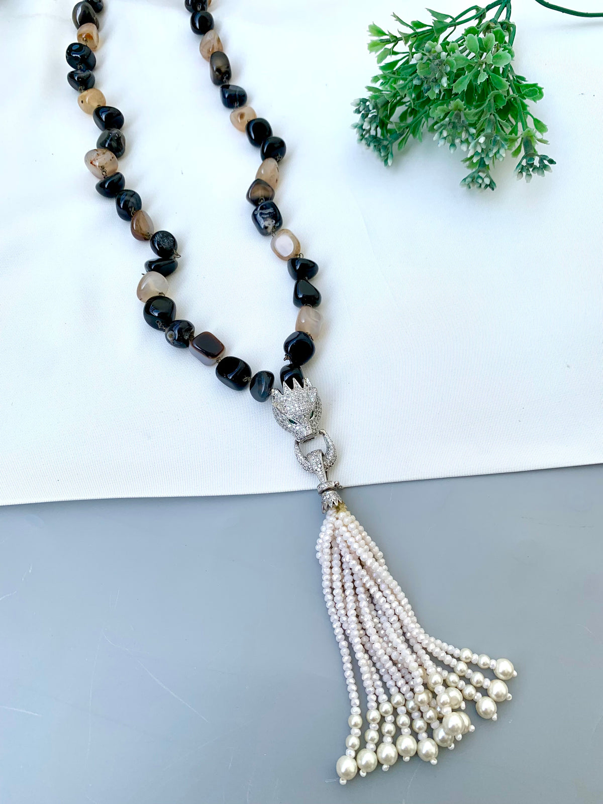 Katiya handcrafted Rhodium plated Maala with American Diamonds, Pearls, Onyx and natural gemstones