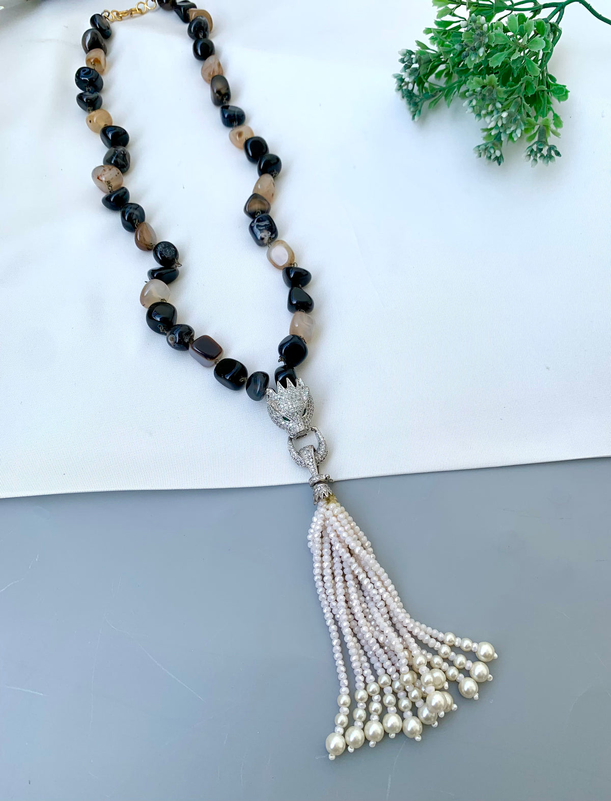 Katiya handcrafted Rhodium plated Maala with American Diamonds, Pearls, Onyx and natural gemstones