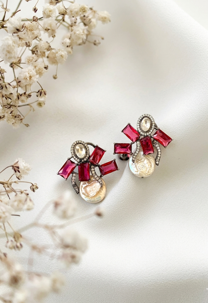 Ornate earrings with red and gold accents on a light background