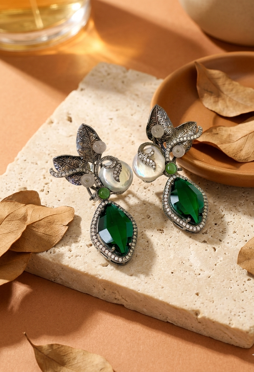 Krisha designer earrings in rhodium foil finish with baroque pearls, emerald and onyx gemstones
