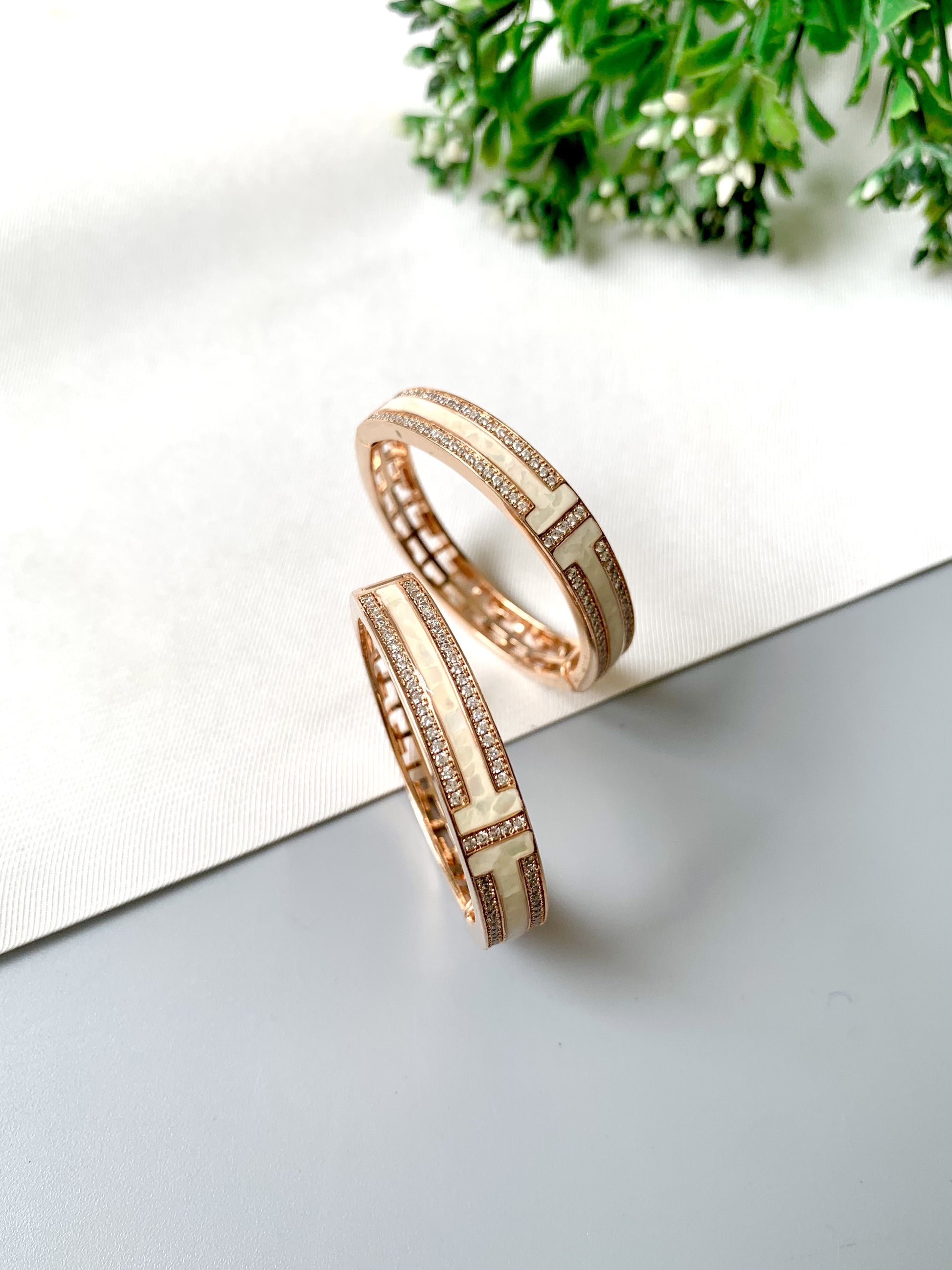 Liora Rose Gold Hoops by Zamal Jewels featuring Mother of Pearl inlay and American Diamonds in 22kt plating