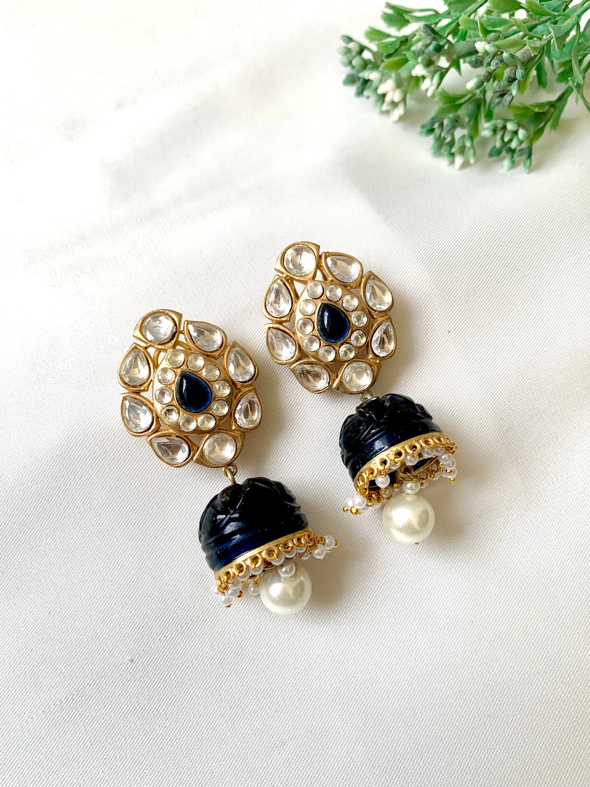 Liora Jhumka with Polki Kundan, hand-carved Sapphire and Pearls in 22kt Gold plating
