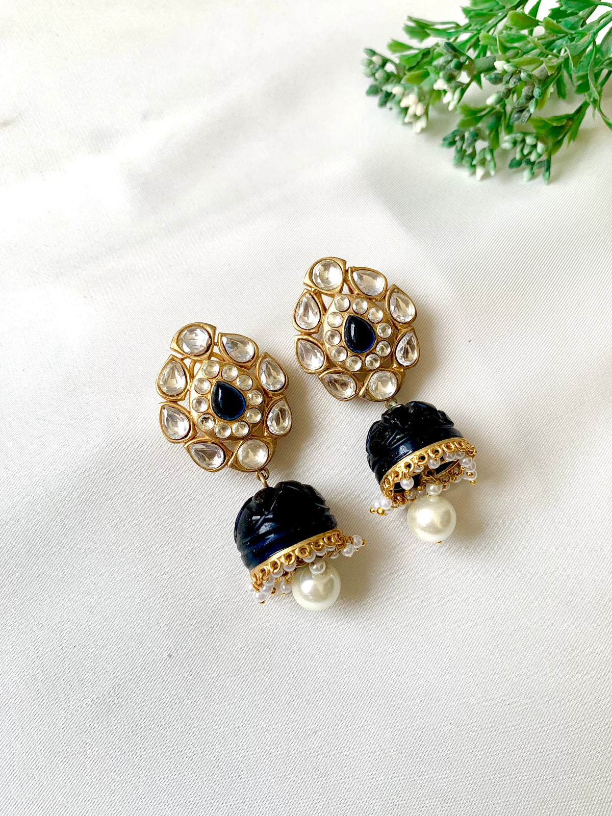 Liora Jhumka with Polki Kundan, hand-carved Sapphire and Pearls in 22kt Gold plating