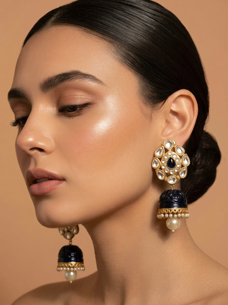 Liora Jhumka with Polki Kundan, hand-carved Sapphire and Pearls in 22kt Gold plating