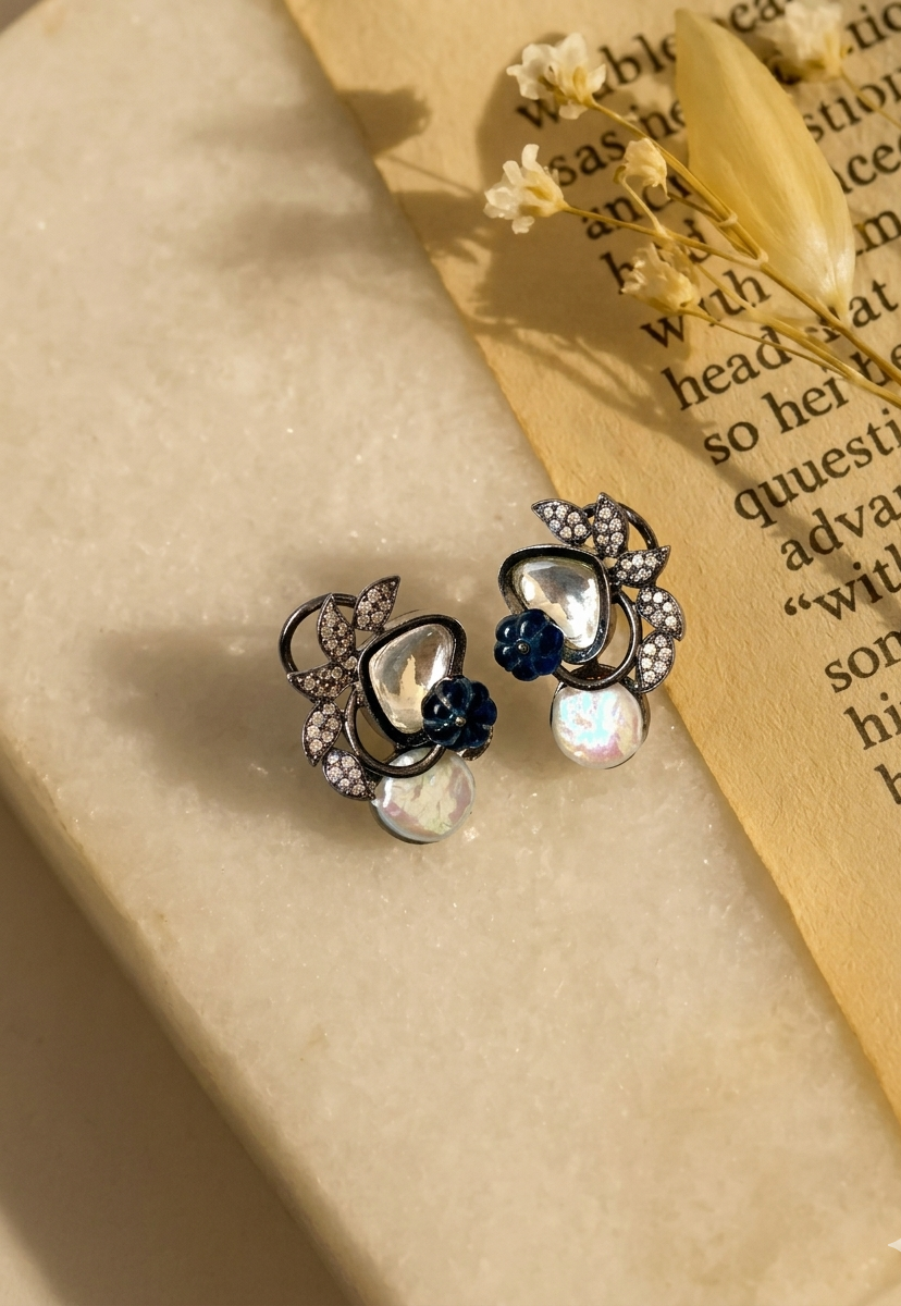 Lisa designer earrings in rhodium oxidized finish with baroque pearls, polki kundan and melon beads