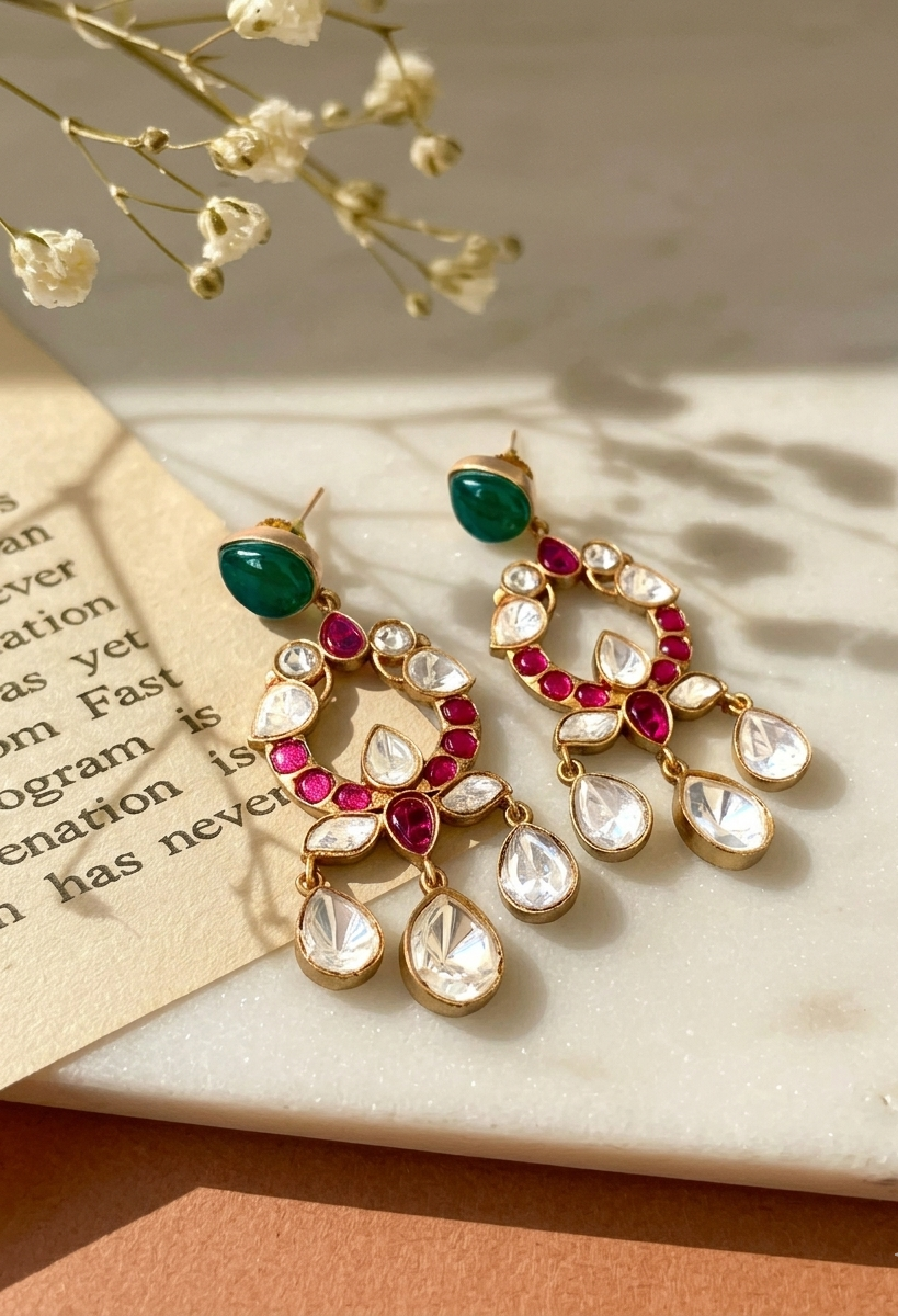 Liz ruby emerald moissanite kundan earrings in victorian gold plating