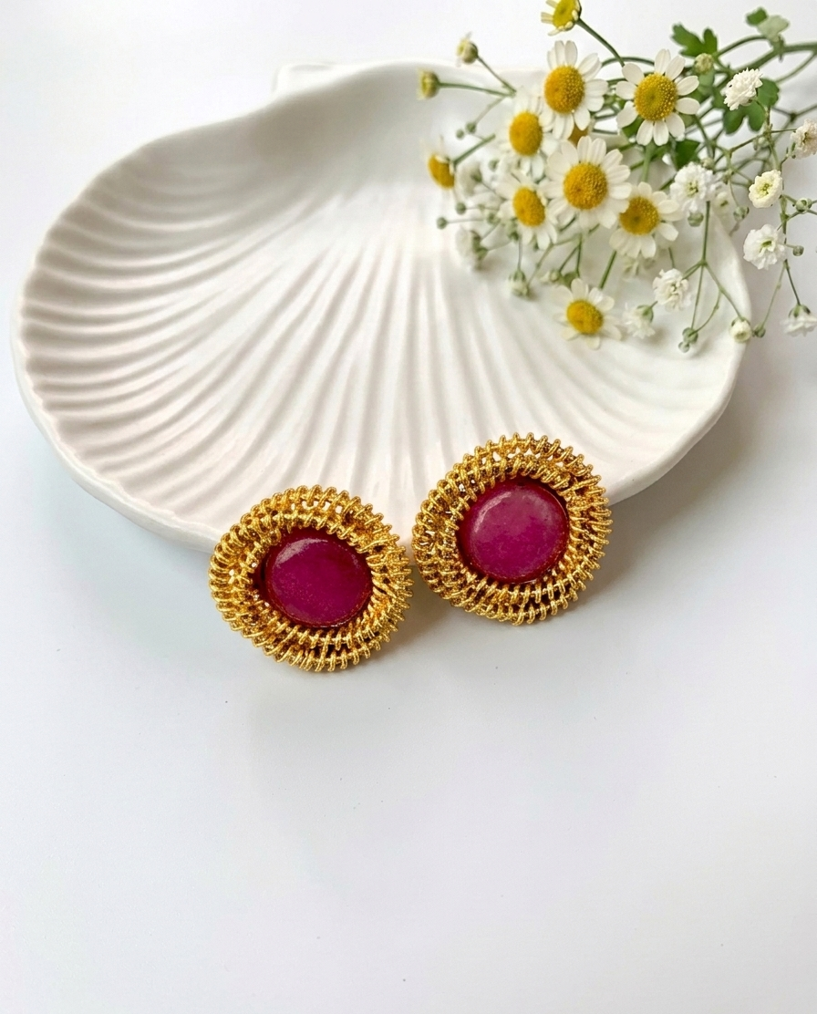 Lucia handcrafted ruby studs in 22kt gold plating with semi precious ruby stones
