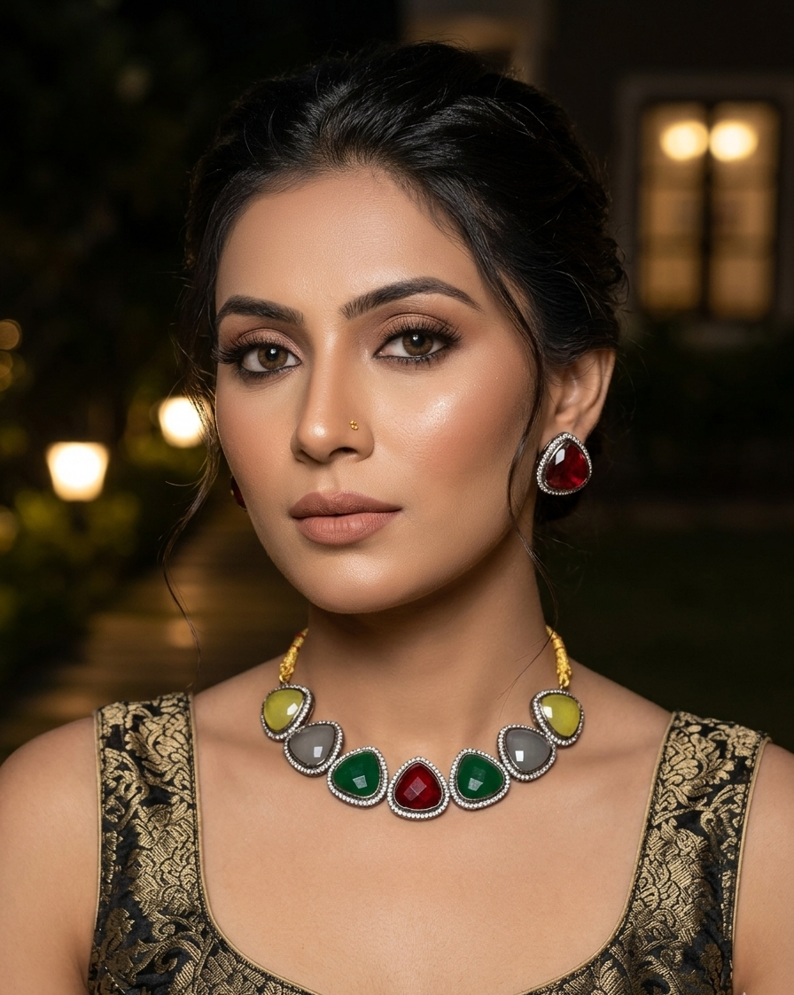 Madhavi handcrafted rhodium plated choker set with American diamonds and semi precious onyx stones