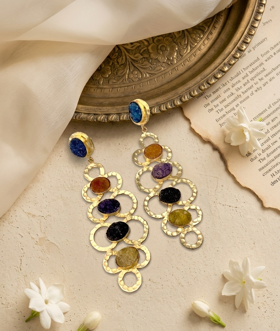 Maha handcrafted 22kt gold plated beaten brass earrings with semi-precious natural Druzee stones