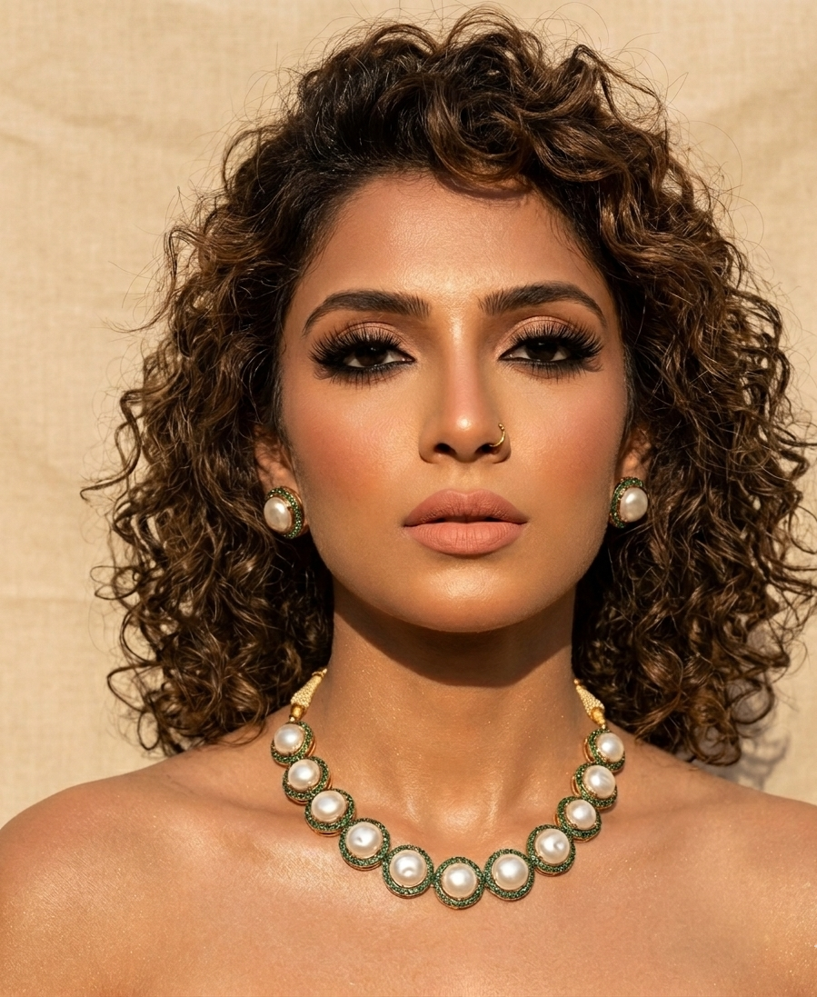 Maha handcrafted gold plated choker set with real baroque pearls and emerald gemstones