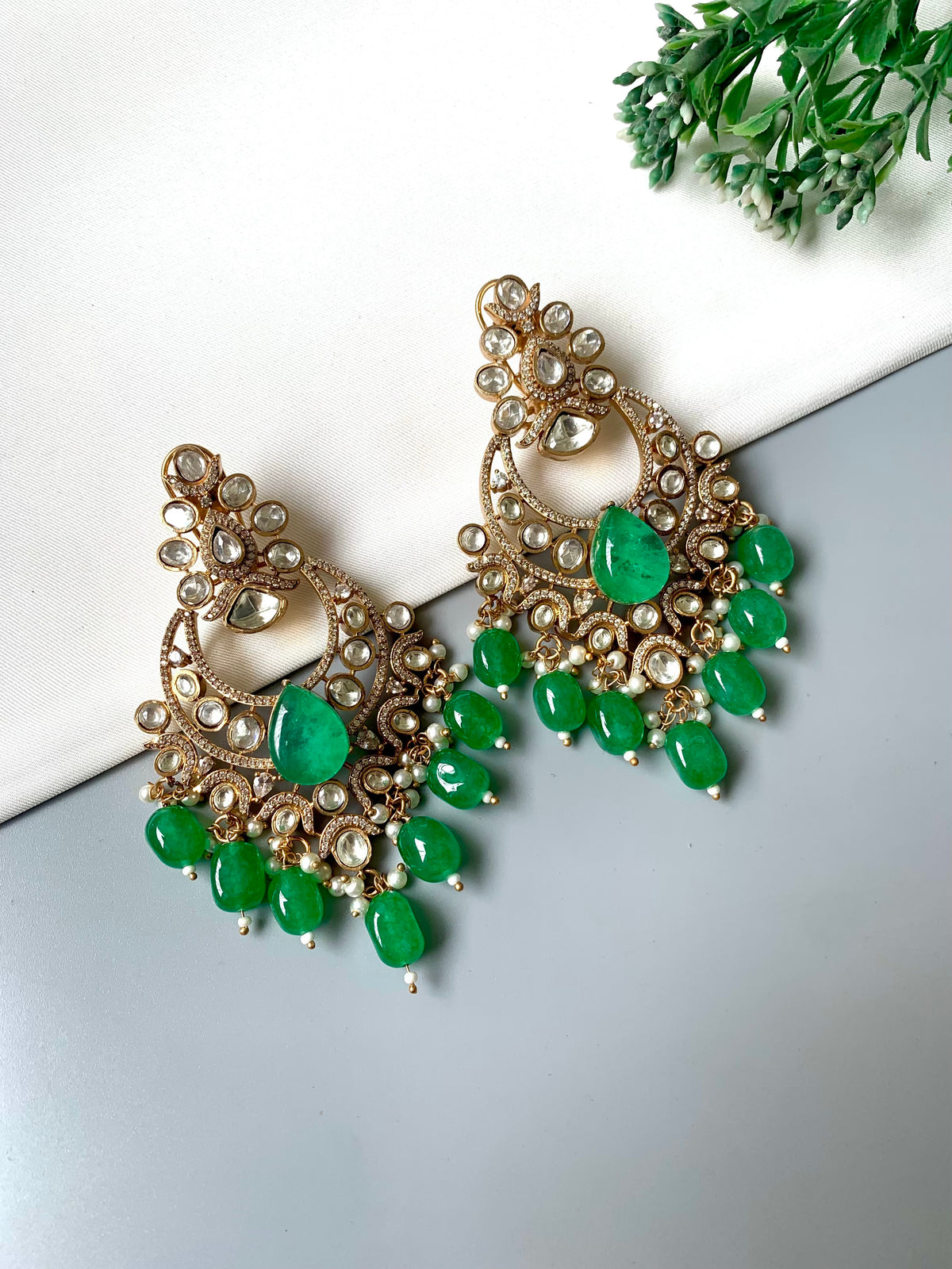 Maharani Noor Emerald handcrafted 22kt Gold plated earrings with Polki, Emerald and Pearl beads