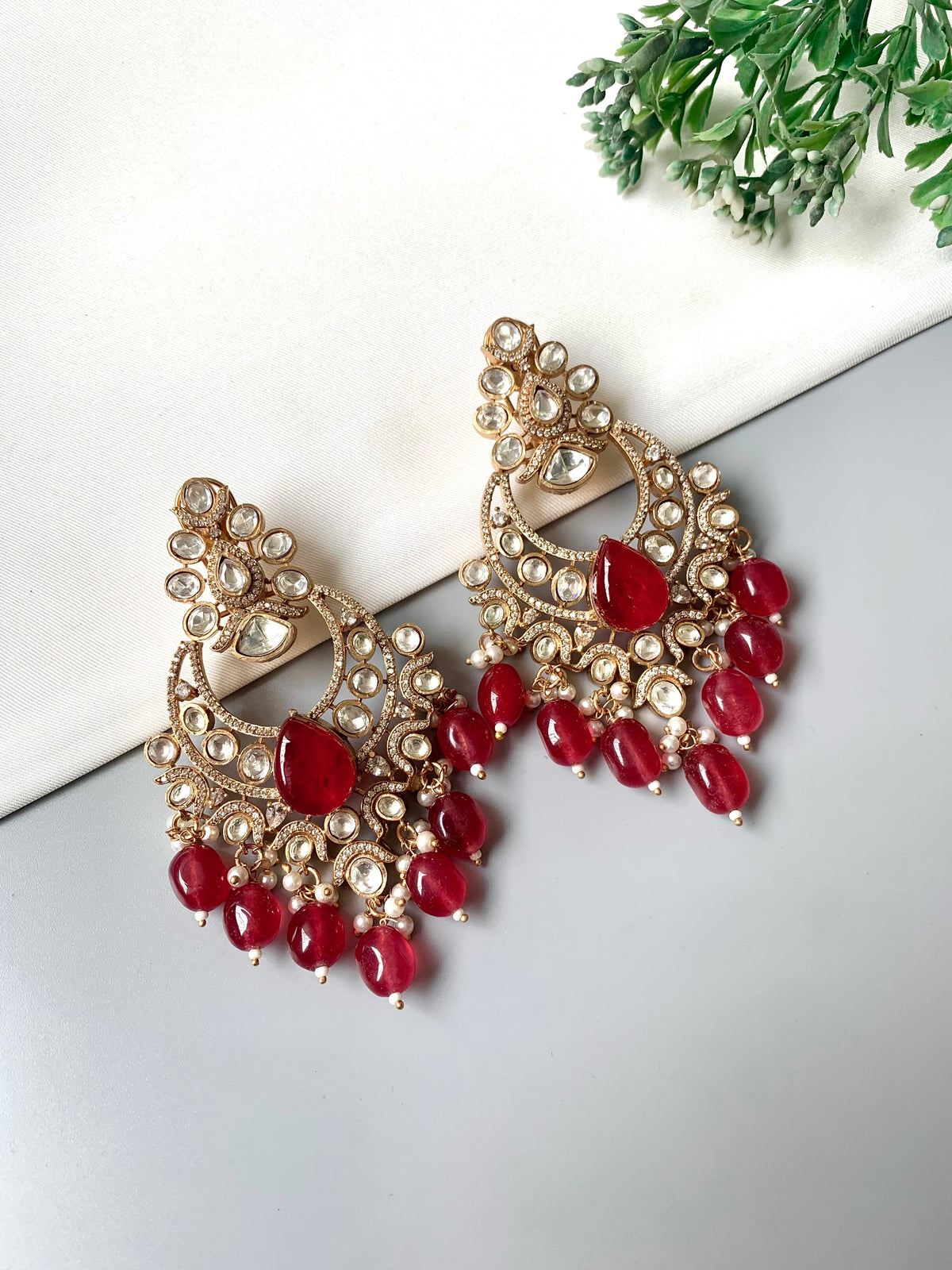 Maharani Noor Ruby handcrafted 22kt Gold plated earrings with Polki, Ruby and Pearl beads