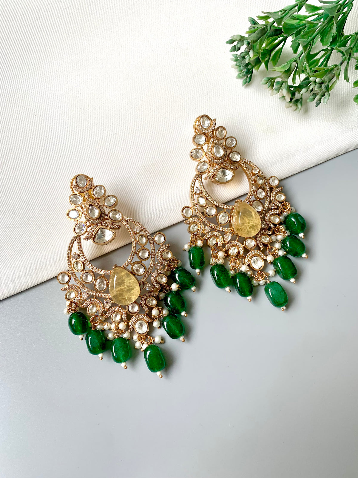 Maharani Noor Citrine Emerald handcrafted 22kt Gold plated earrings with Emerald, Citrine and Pearl beads