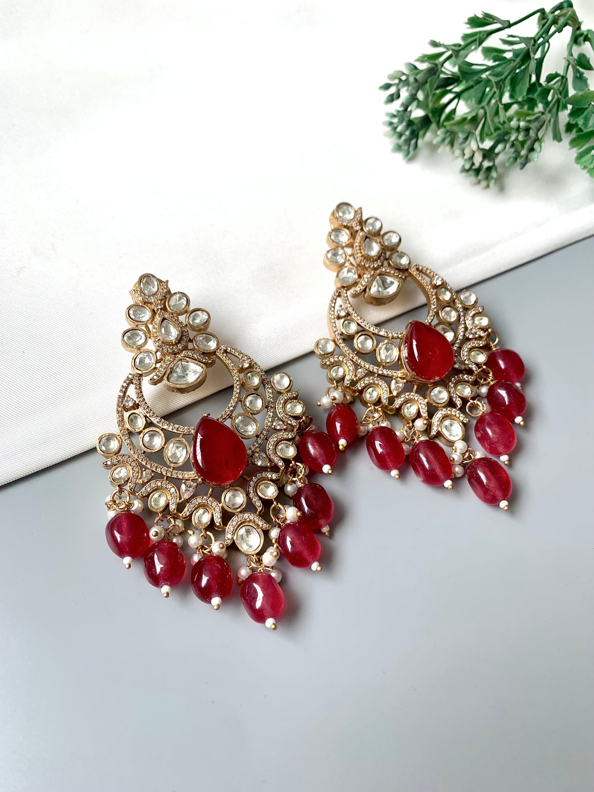 Maharani Noor Ruby handcrafted 22kt Gold plated earrings with Polki, Ruby and Pearl beads
