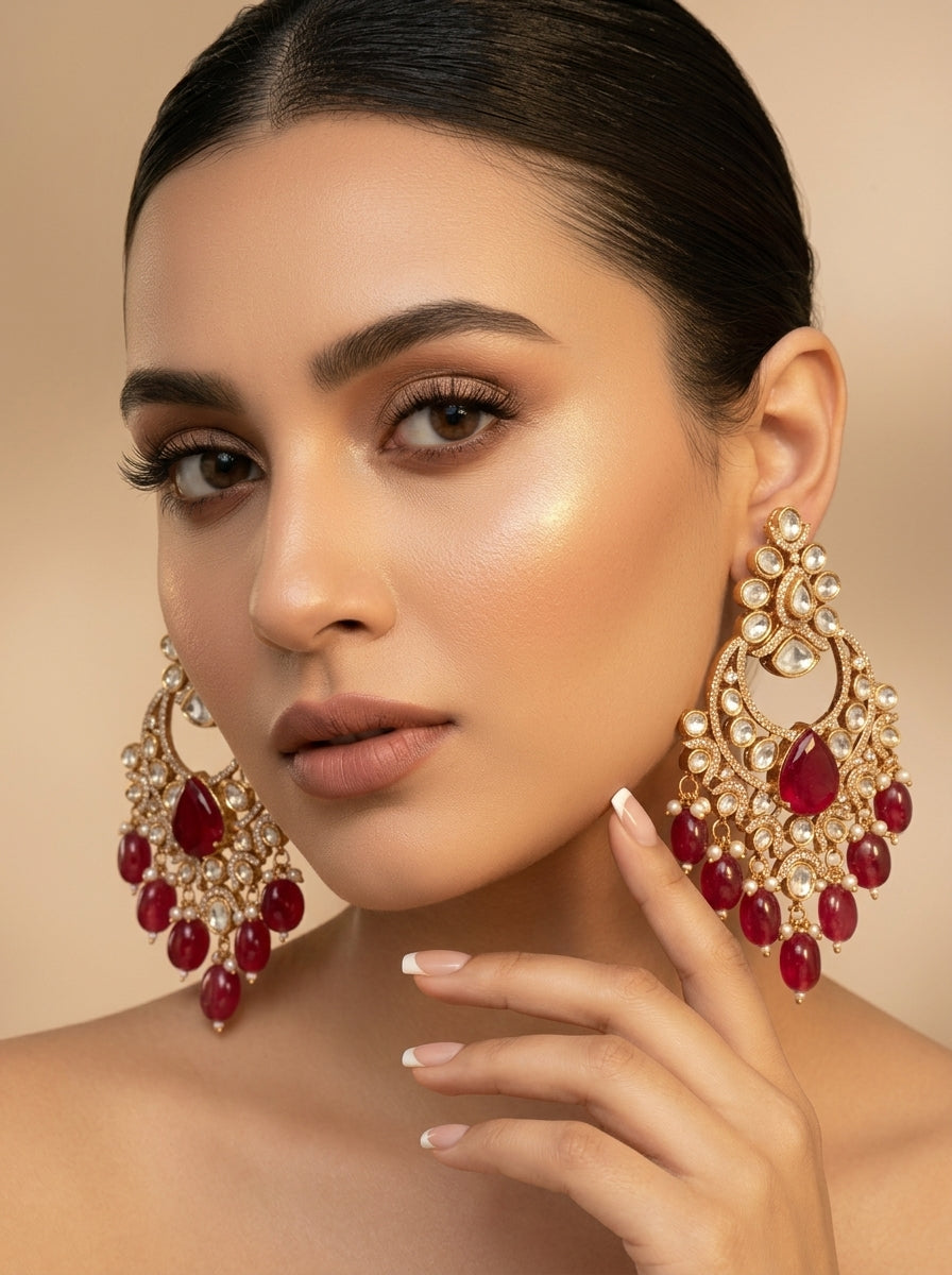 A close-up portrait of a woman wearing large ornate gold-toned statement earrings with red teardrop stones and clear crystal-like accents, against a warm beige background.