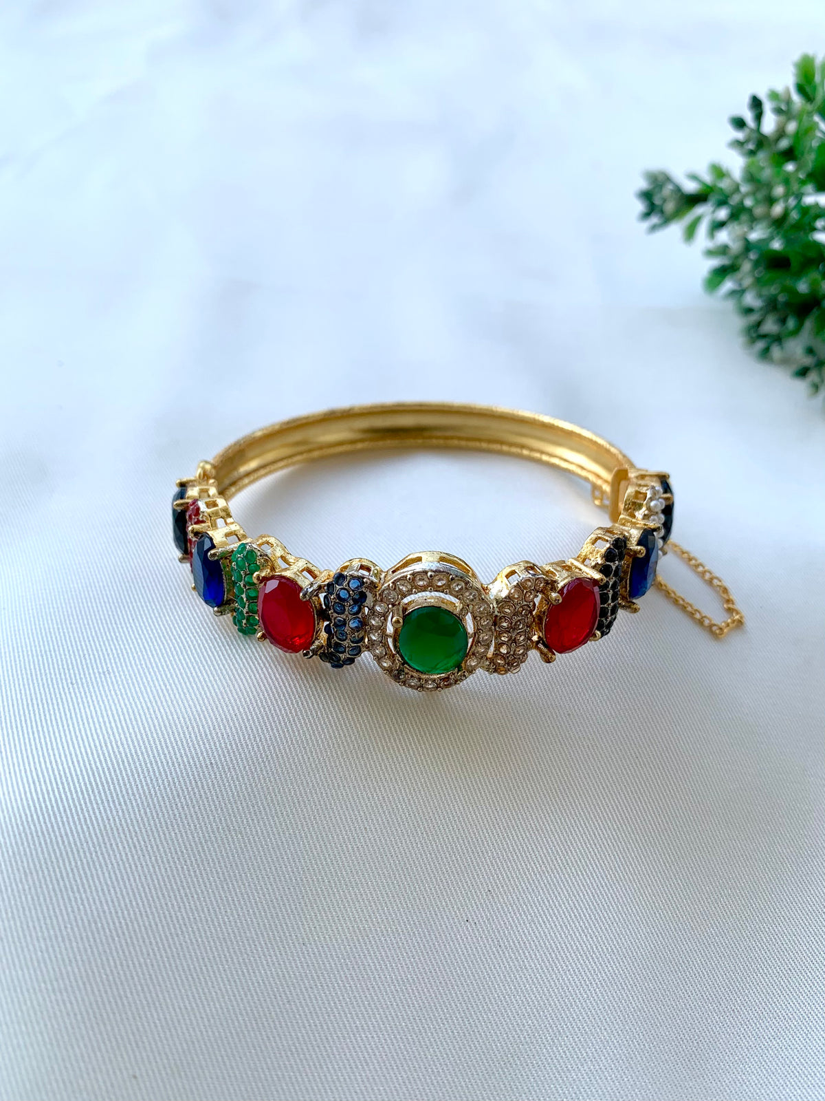 Maheen handcrafted gold plated openable bracelet with American Diamonds and semi-precious gemstones
