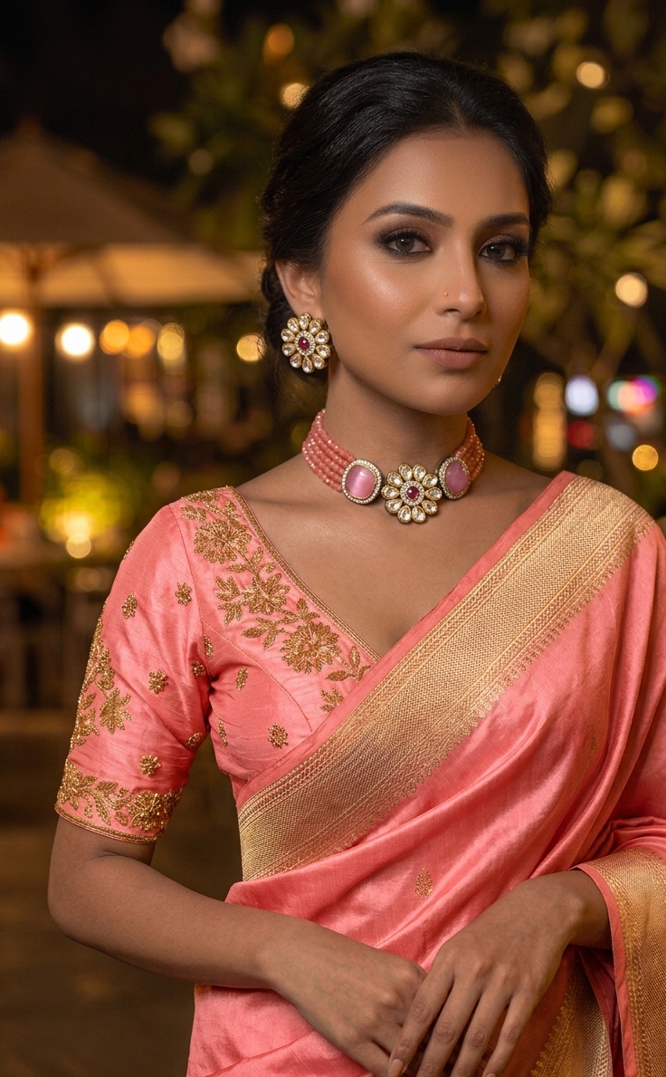 Mainah handcrafted Victorian gold plated choker set with American diamonds, Polki Kundan and semi-precious onyx