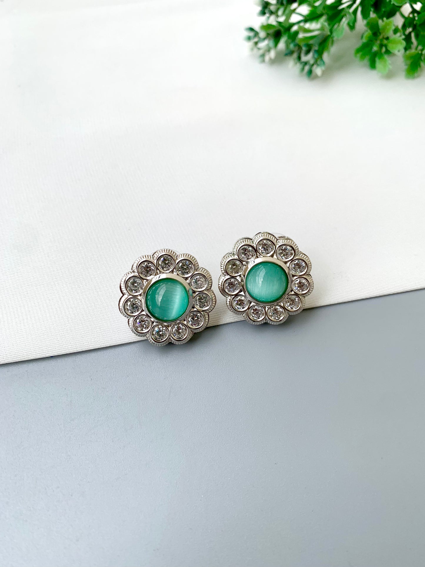 Manha handcrafted earrings with American Diamonds and semi-precious Mint and Pink Onyx, available in Rhodium and Rose Gold plating