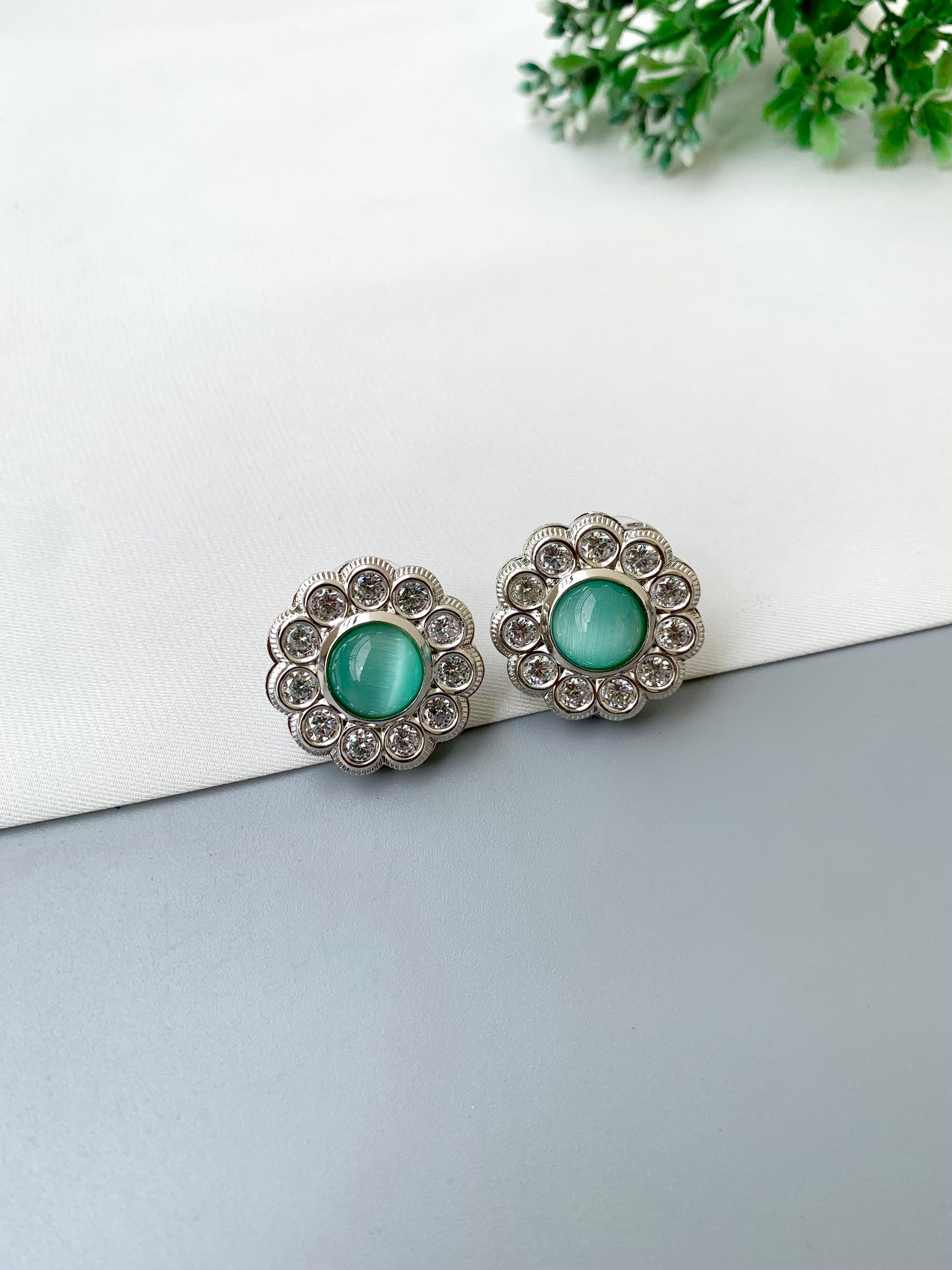 Manha handcrafted earrings with American Diamonds and semi-precious Mint and Pink Onyx, available in Rhodium and Rose Gold plating
