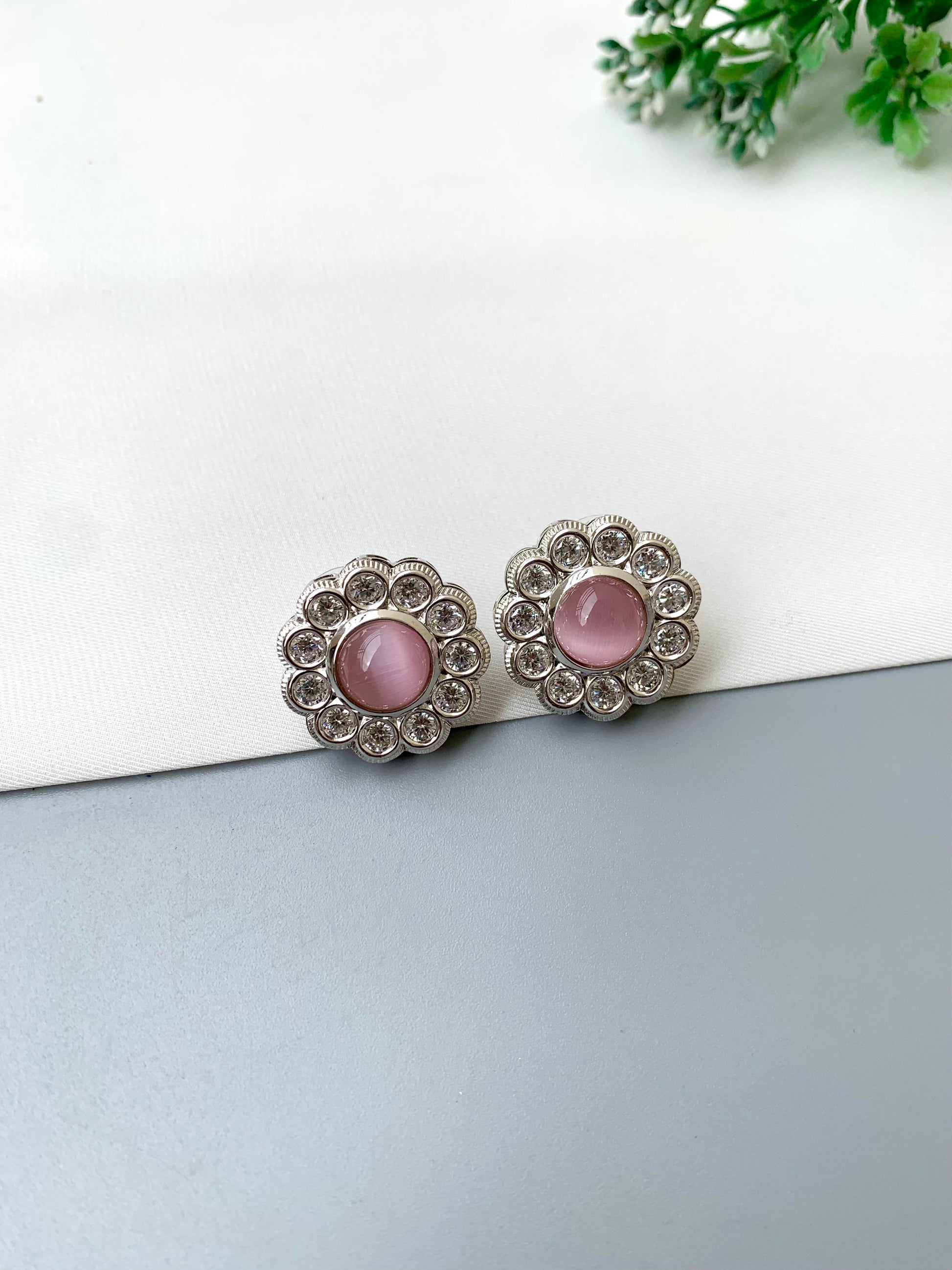 Manha handcrafted earrings with American Diamonds and semi-precious Mint and Pink Onyx, available in Rhodium and Rose Gold plating