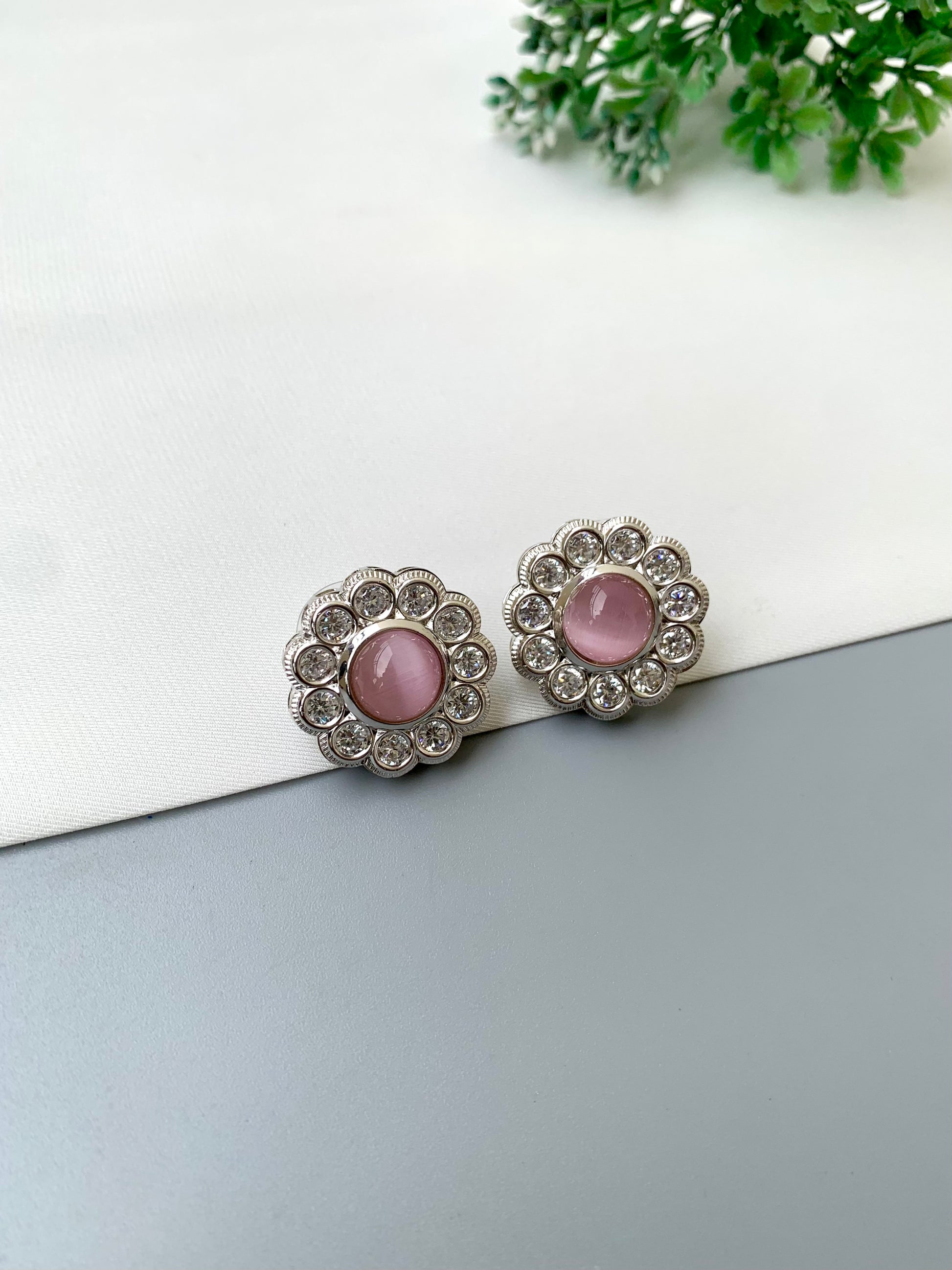 Manha handcrafted earrings with American Diamonds and semi-precious Mint and Pink Onyx, available in Rhodium and Rose Gold plating