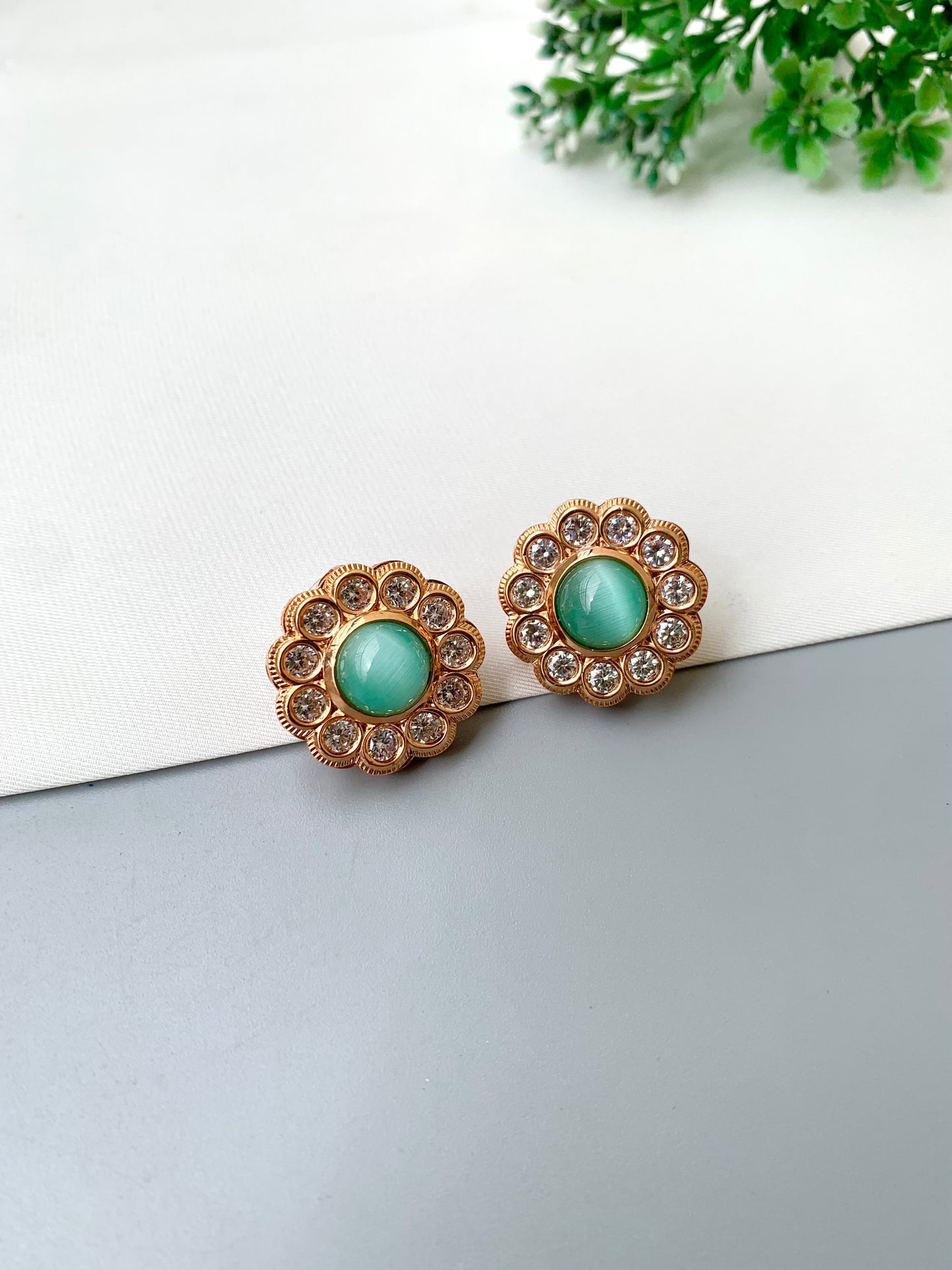 Manha handcrafted earrings with American Diamonds and semi-precious Mint and Pink Onyx, available in Rhodium and Rose Gold plating