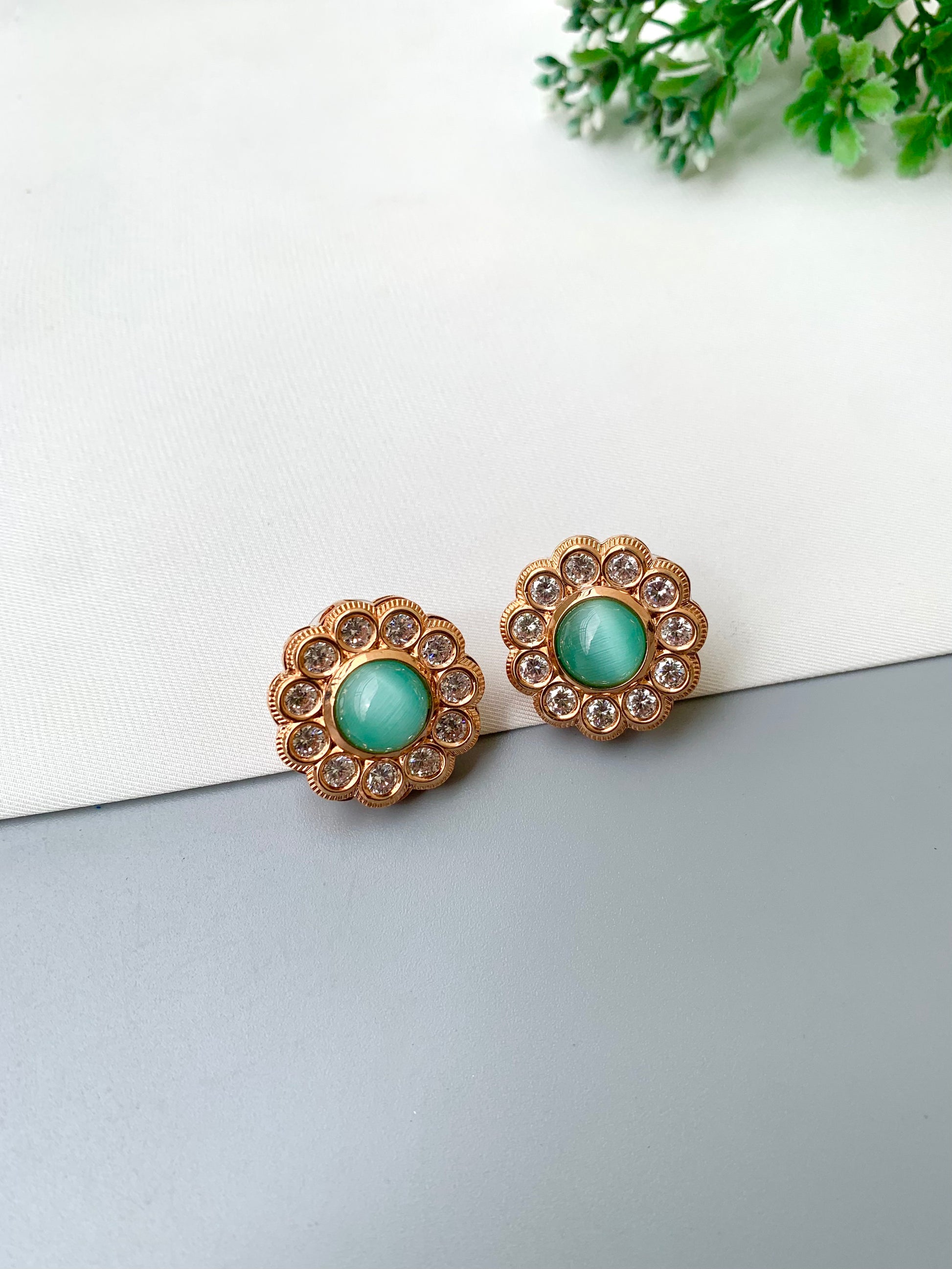 Manha handcrafted earrings with American Diamonds and semi-precious Mint and Pink Onyx, available in Rhodium and Rose Gold plating