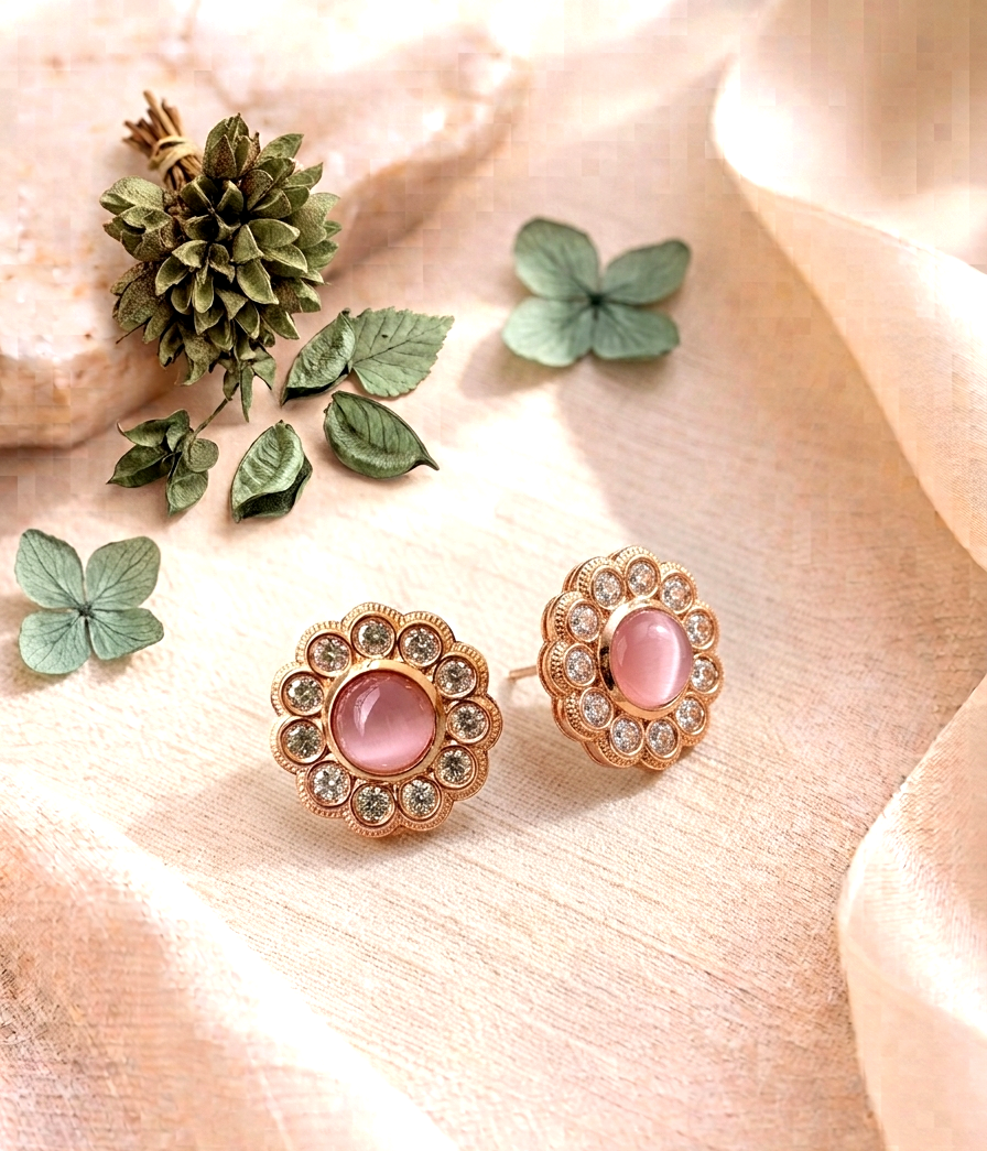 Manha handcrafted earrings with American Diamonds and semi-precious Mint and Pink Onyx, available in Rhodium and Rose Gold plating
