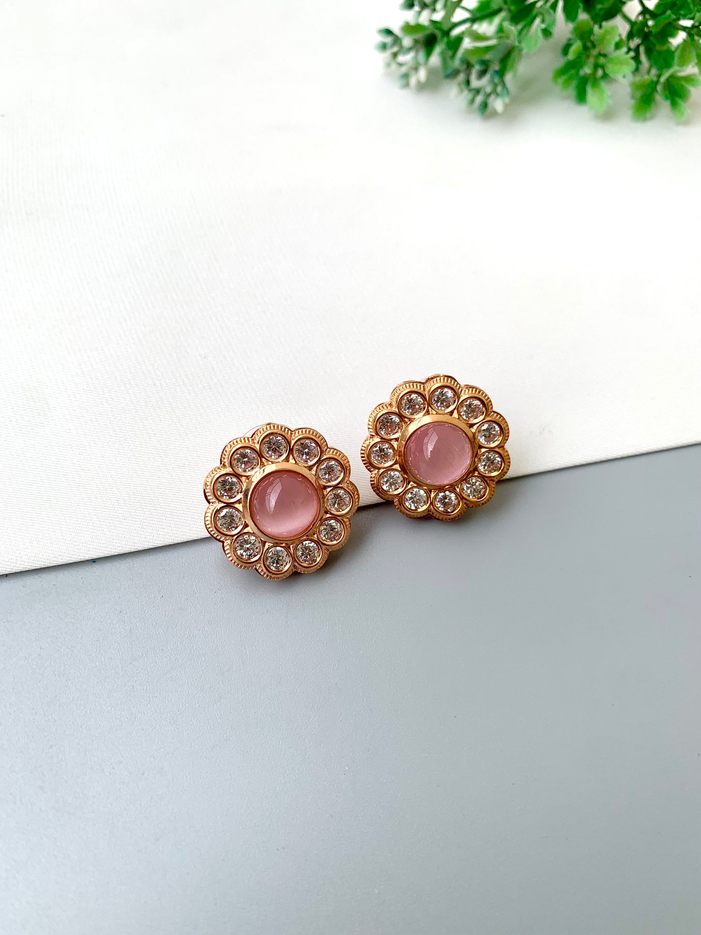 Manha handcrafted earrings with American Diamonds and semi-precious Mint and Pink Onyx, available in Rhodium and Rose Gold plating