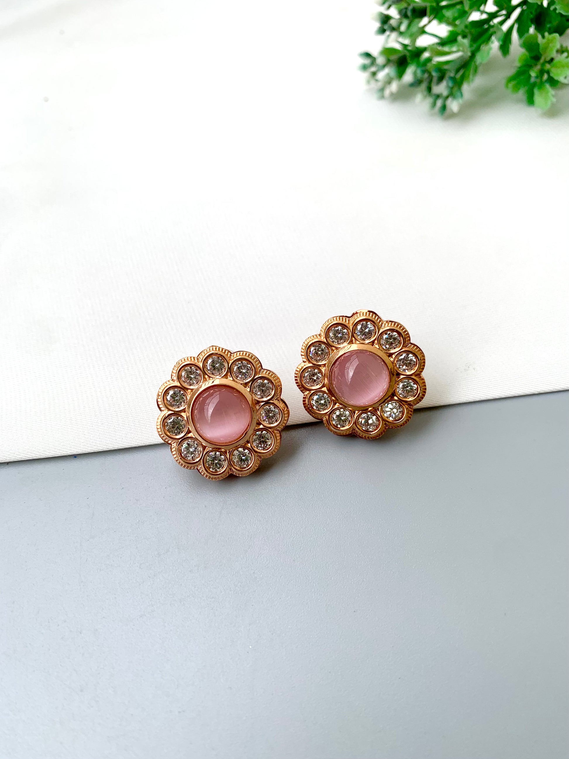 Manha handcrafted earrings with American Diamonds and semi-precious Mint and Pink Onyx, available in Rhodium and Rose Gold plating