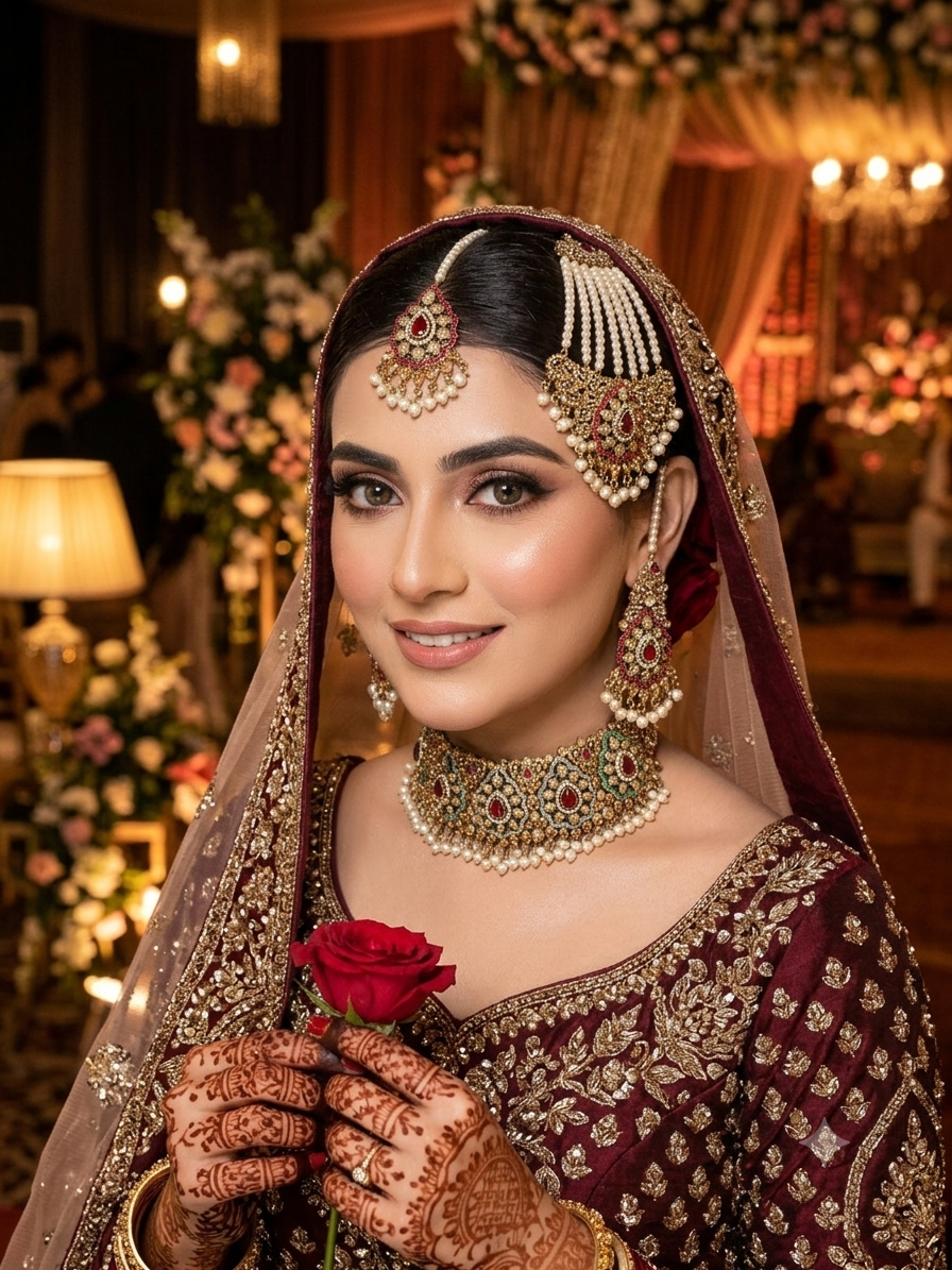 Maniya handcrafted bridal choker set in 22kt gold plating with American diamonds, semi-precious rubies, polki, champagne stones, pearls, jhoomar and tikka