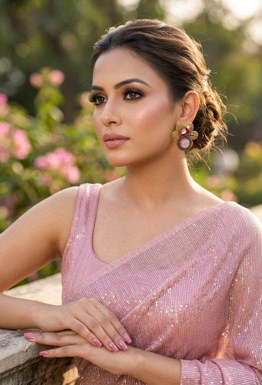 Maya pink polki kundan earrings in gold plating with oxidized finish
