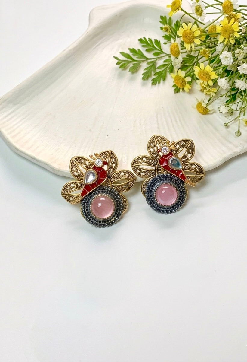Maya pink polki kundan earrings in gold plating with oxidized finish