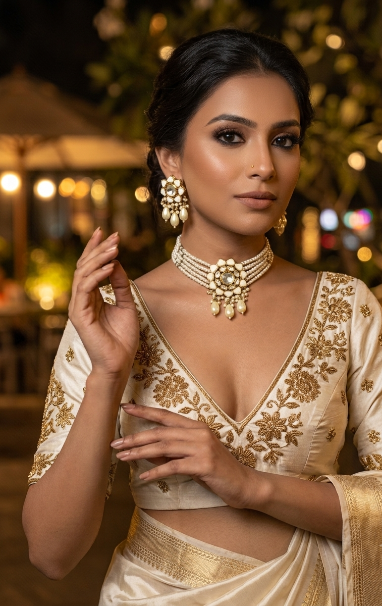 Mayra handcrafted 22kt gold plated choker set with Polki Kundan, semi-precious pearls and amethyst