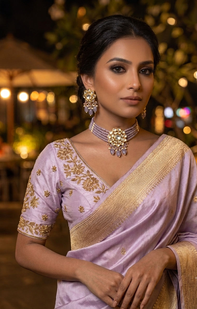 Mayra handcrafted 22kt gold plated choker set with Polki Kundan, semi-precious pearls and amethyst