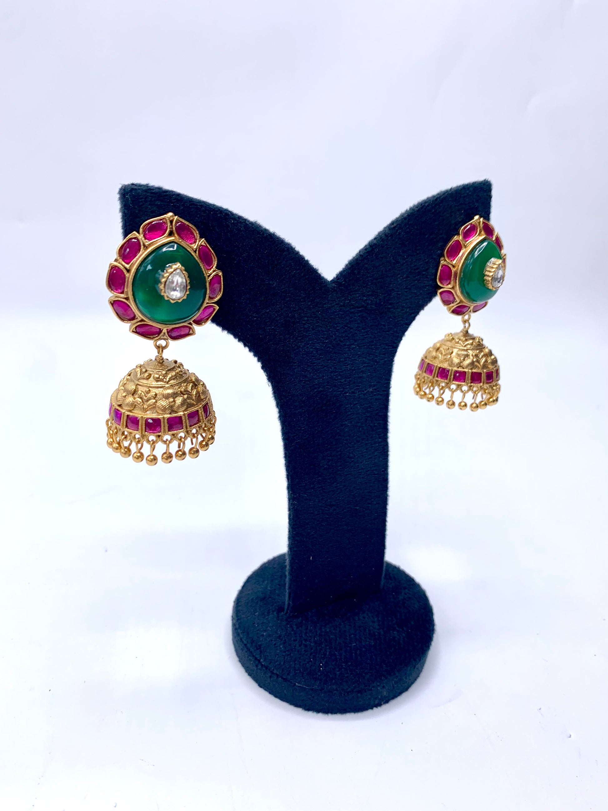 Mehar Emerald Jhumkas with Kundan, semi-precious Ruby and Emeralds in 22kt Gold plating
