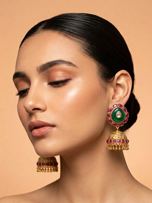 Mehar Emerald Jhumkas with Kundan, semi-precious Ruby and Emeralds in 22kt Gold plating