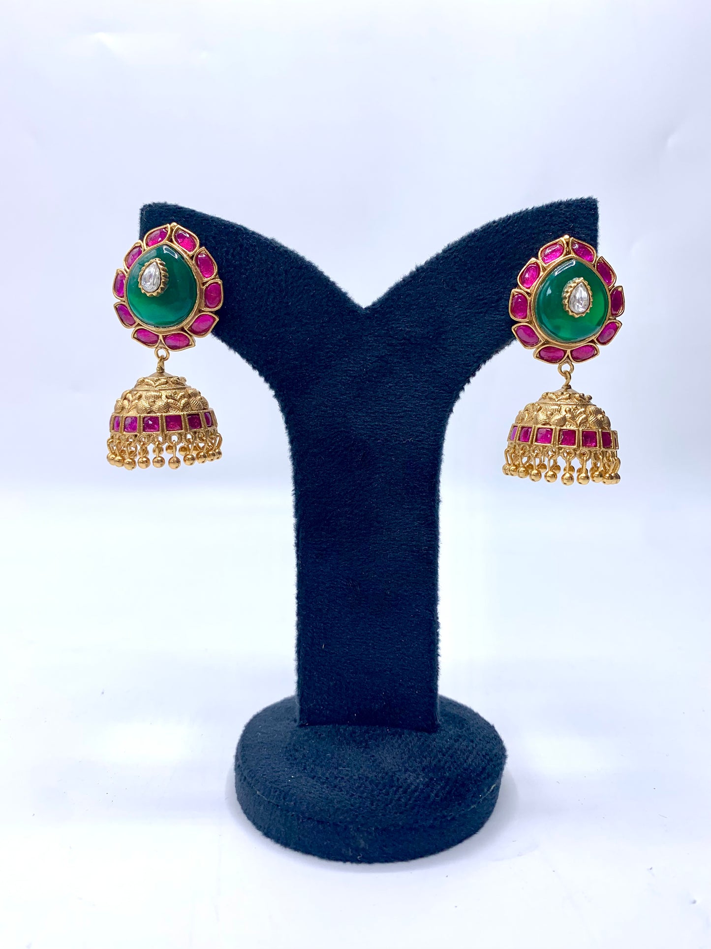 Mehar Emerald Jhumkas with Kundan, semi-precious Ruby and Emeralds in 22kt Gold plating