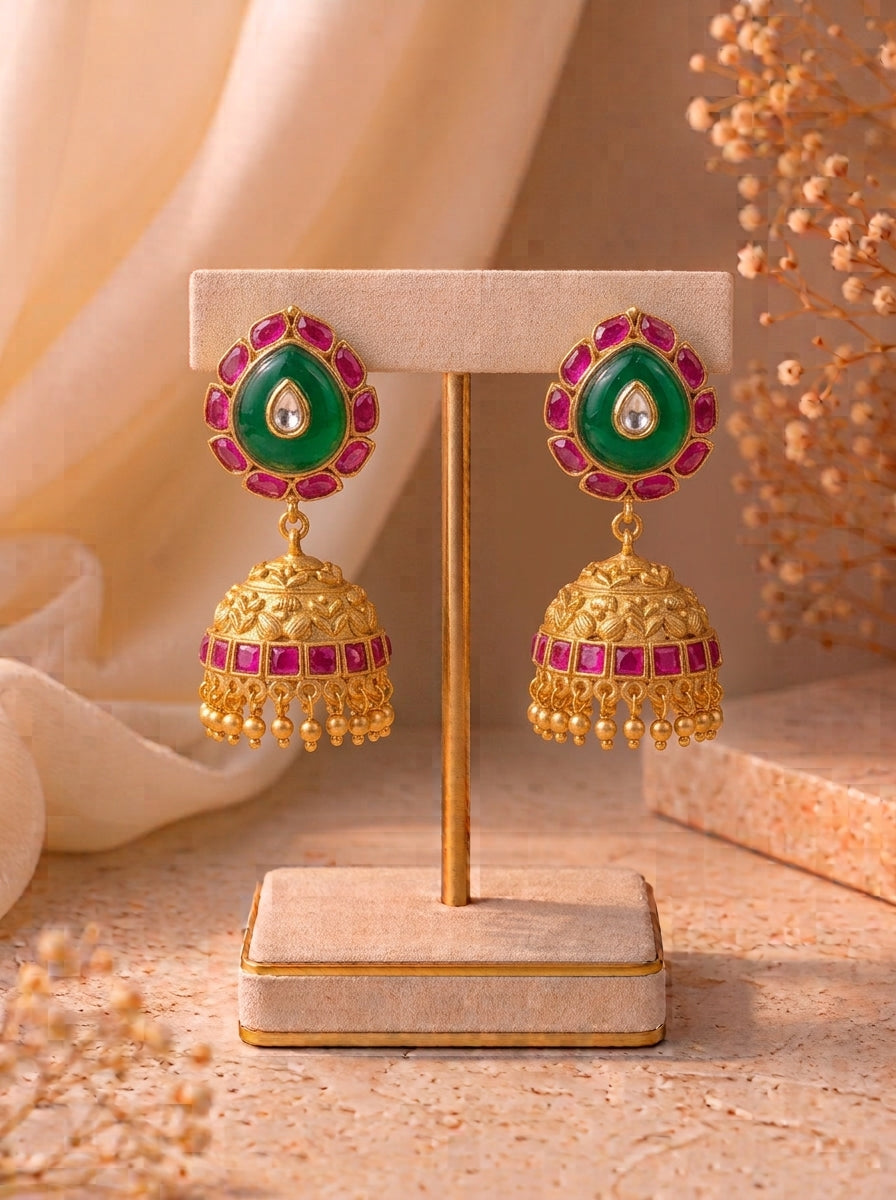 Mehar Emerald Jhumkas with Kundan, semi-precious Ruby and Emeralds in 22kt Gold plating